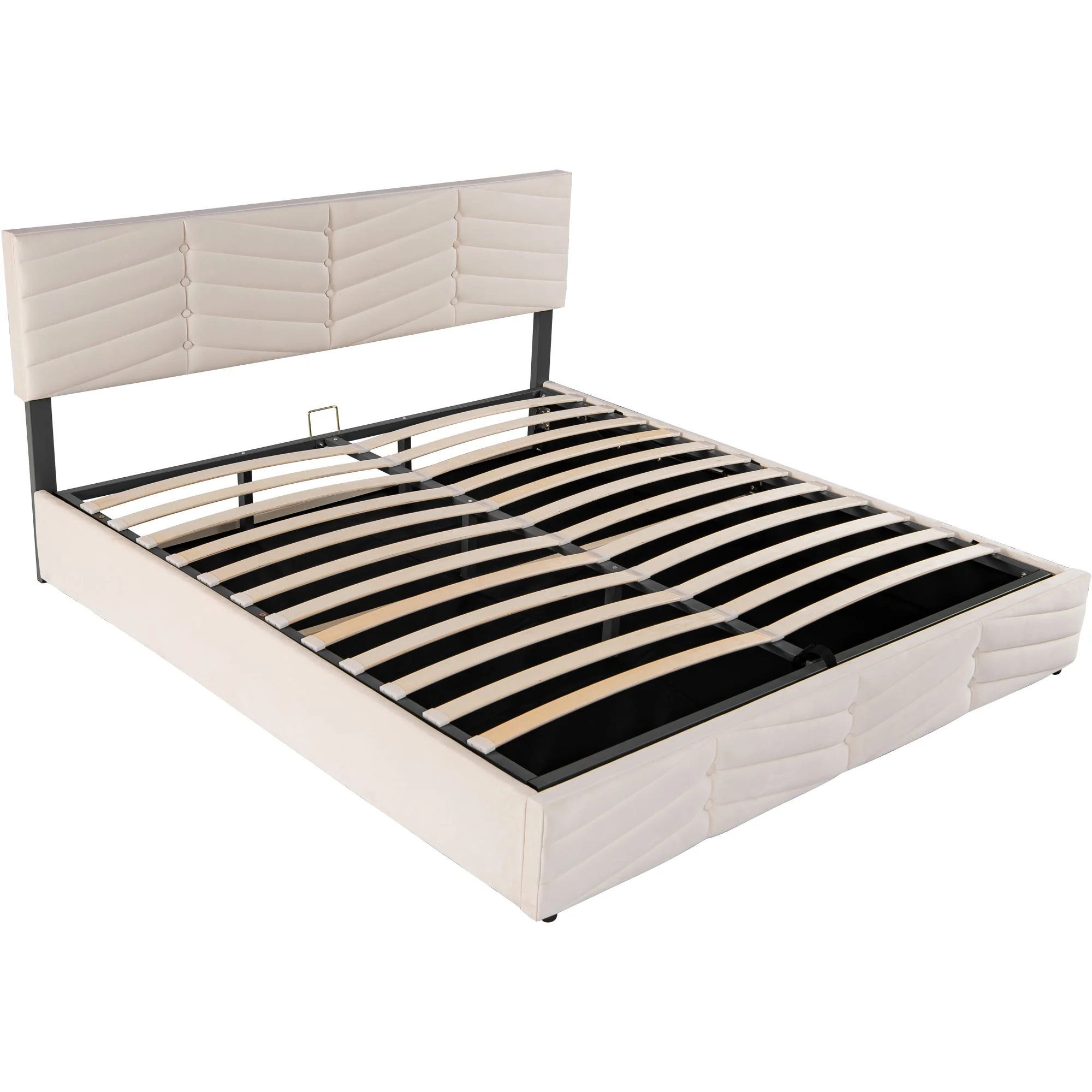 Upholstered Double Bed 180x200cm Hydraulic Storage Striped Headboard - Velvet Beige - Image 8