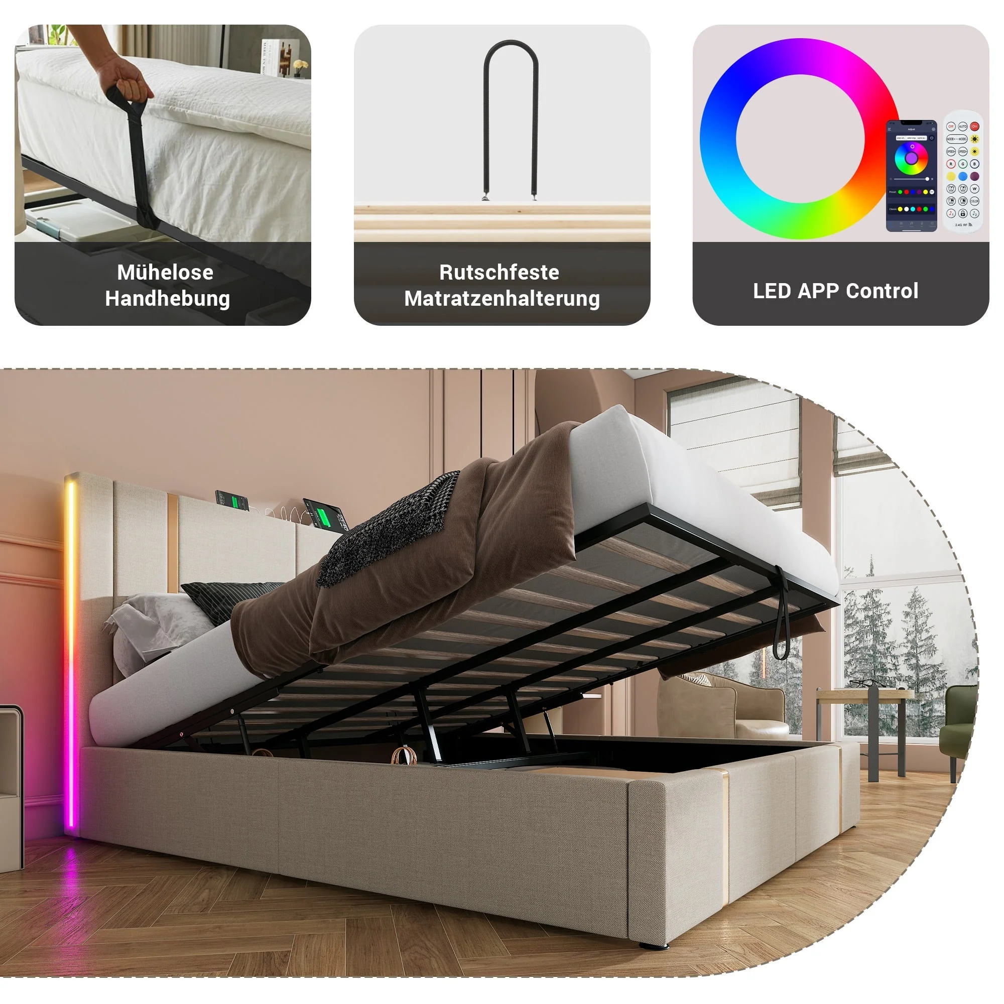 Upholstered Double Bed, 180x200cm, USB-C, APP Control, LED, Storage, Beige Linen - Image 6