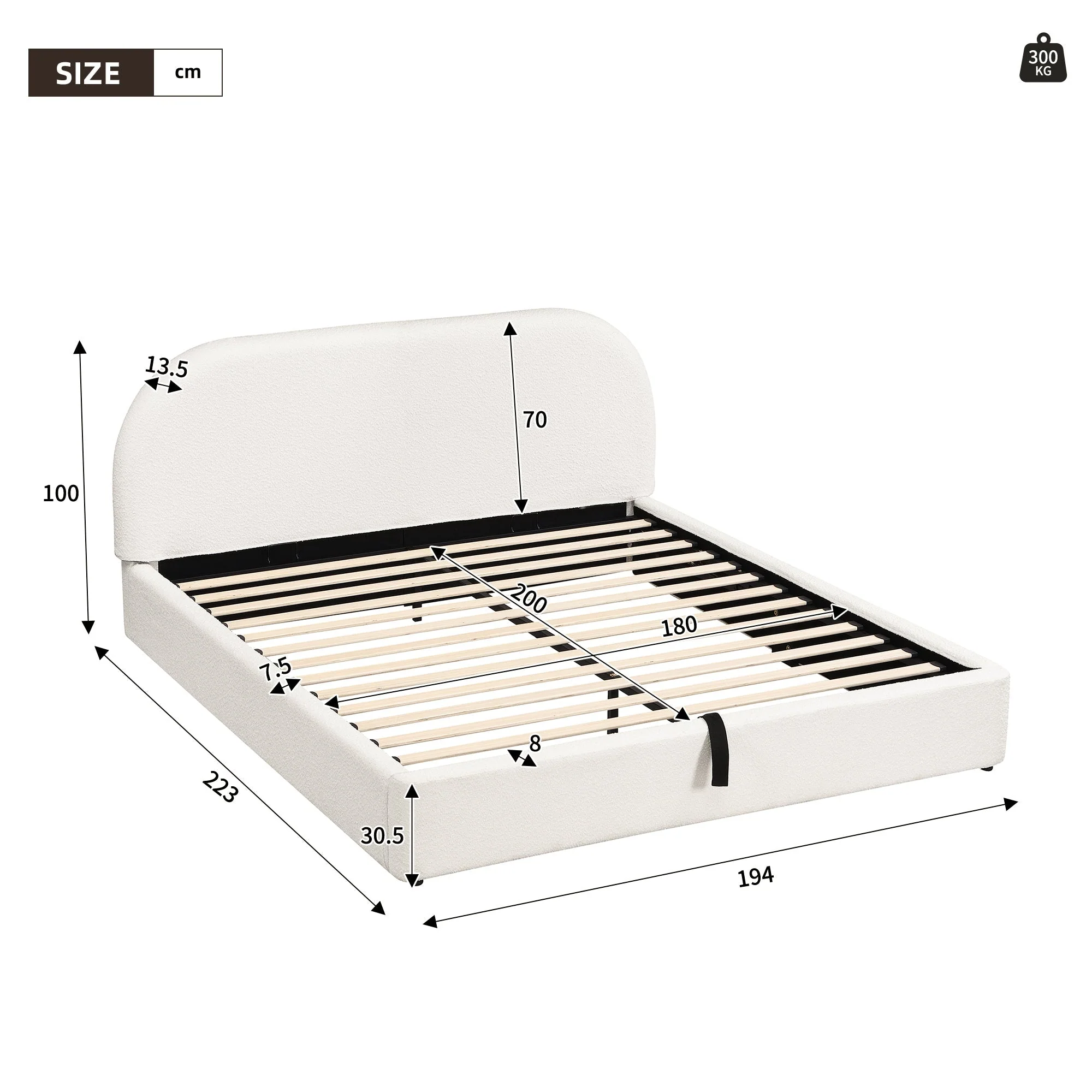 Upholstered Double Bed 180x200cm with Hydraulic Storage and Slatted Base, Beige Bouclé - Image 4