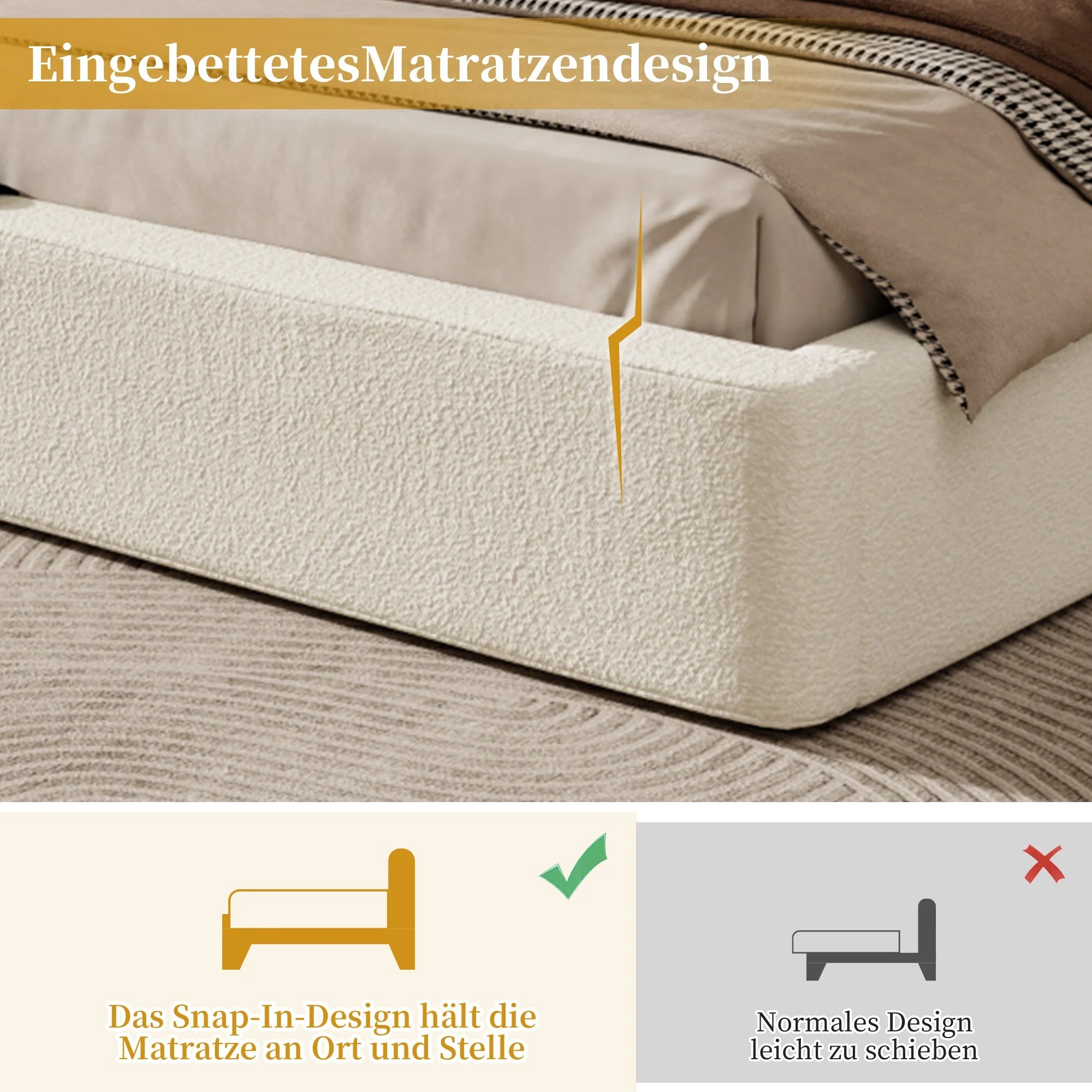 Upholstered Double Bed 180x200cm with Hydraulic Storage and Slatted Base, Beige Bouclé - Image 5