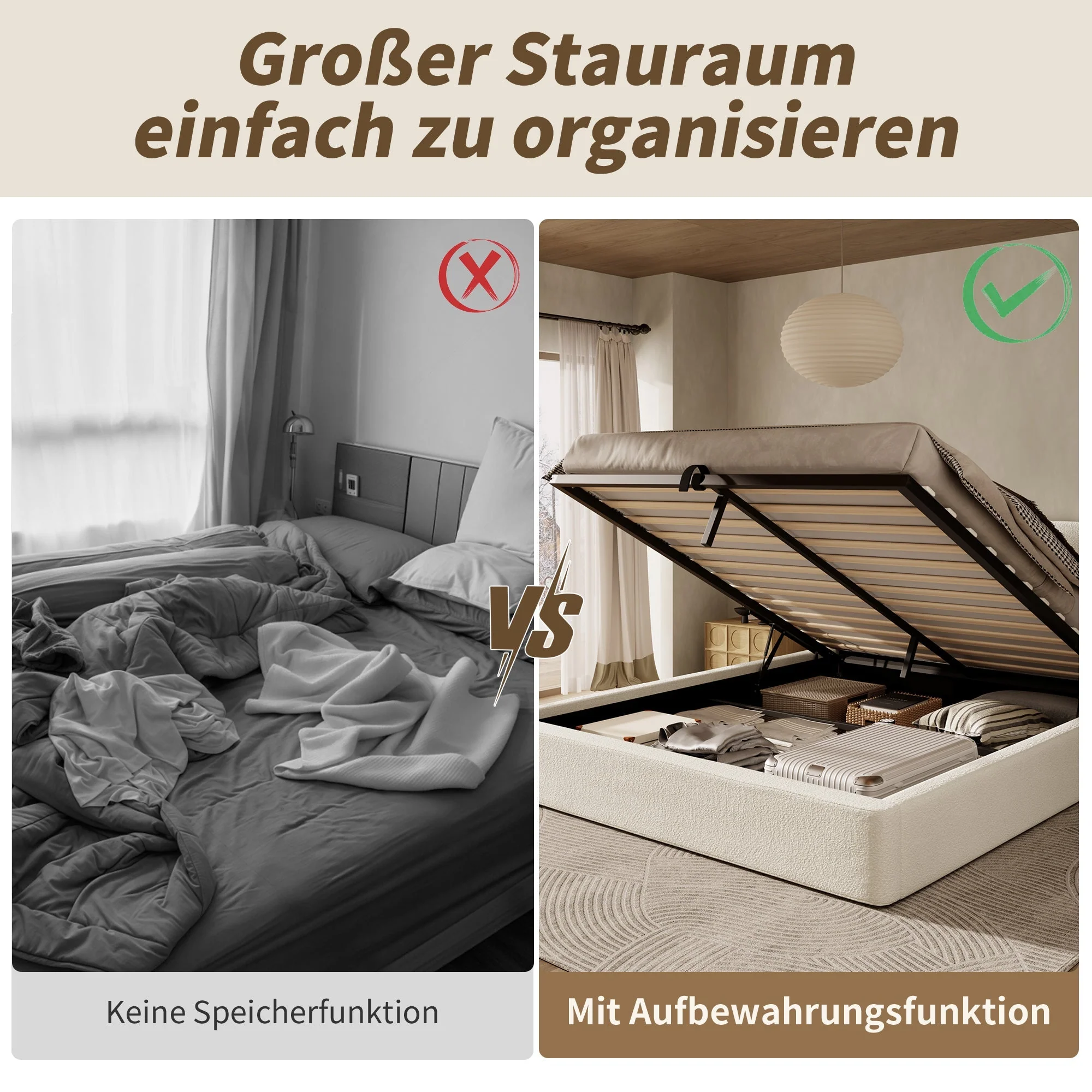 Upholstered Double Bed 180x200cm with Hydraulic Storage and Slatted Base, Beige Bouclé - Image 6