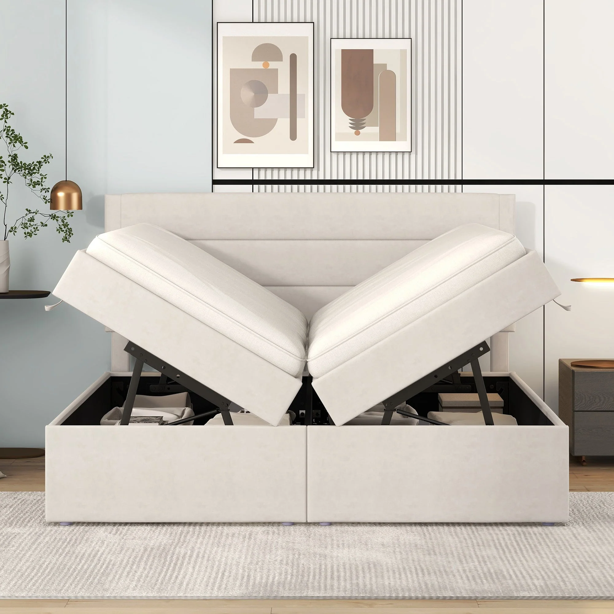 Upholstered Double Bed 200x140cm Large Dual Opening Storage - Beige - Image 4