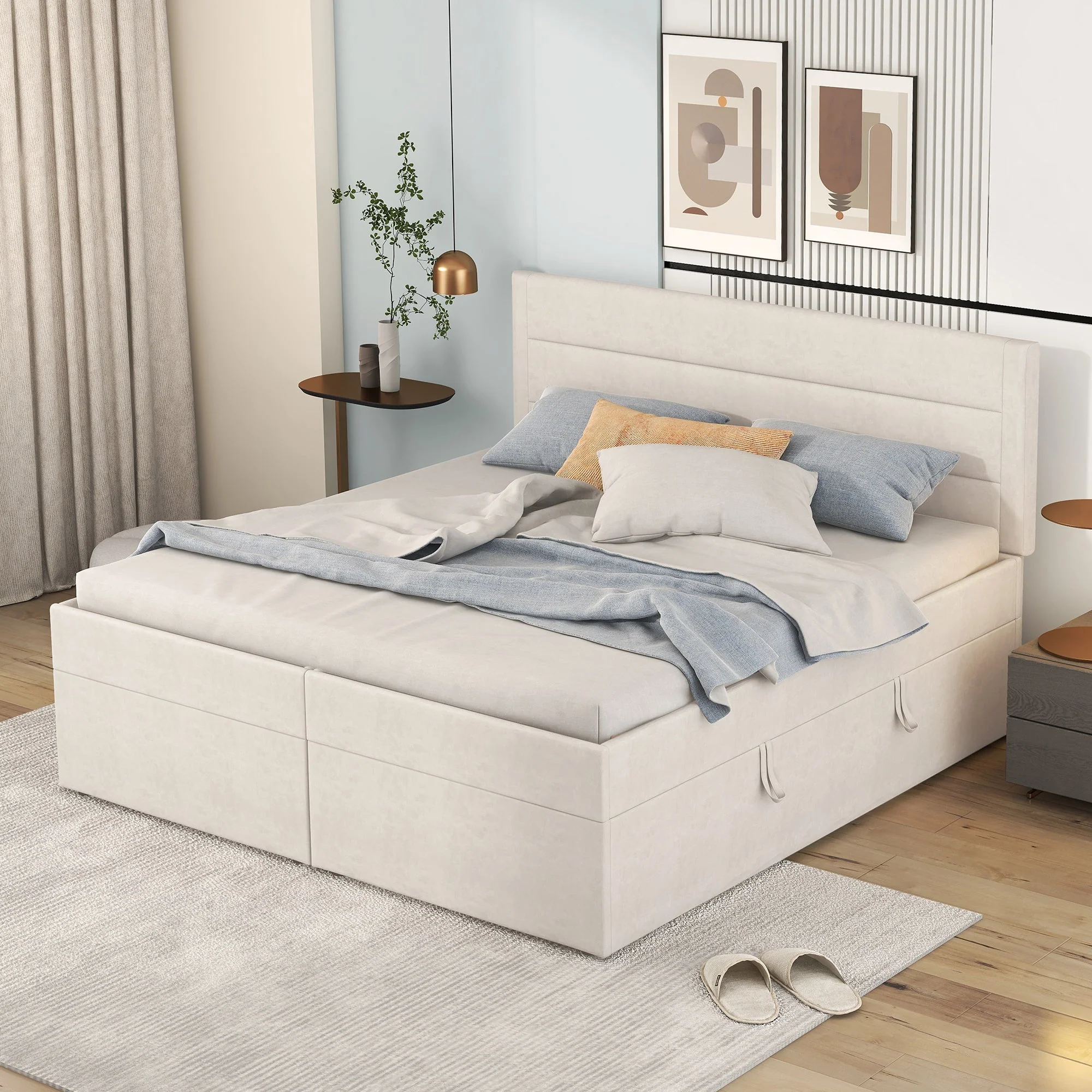 Upholstered Double Bed 200x140cm Large Dual Opening Storage - Beige - Image 6