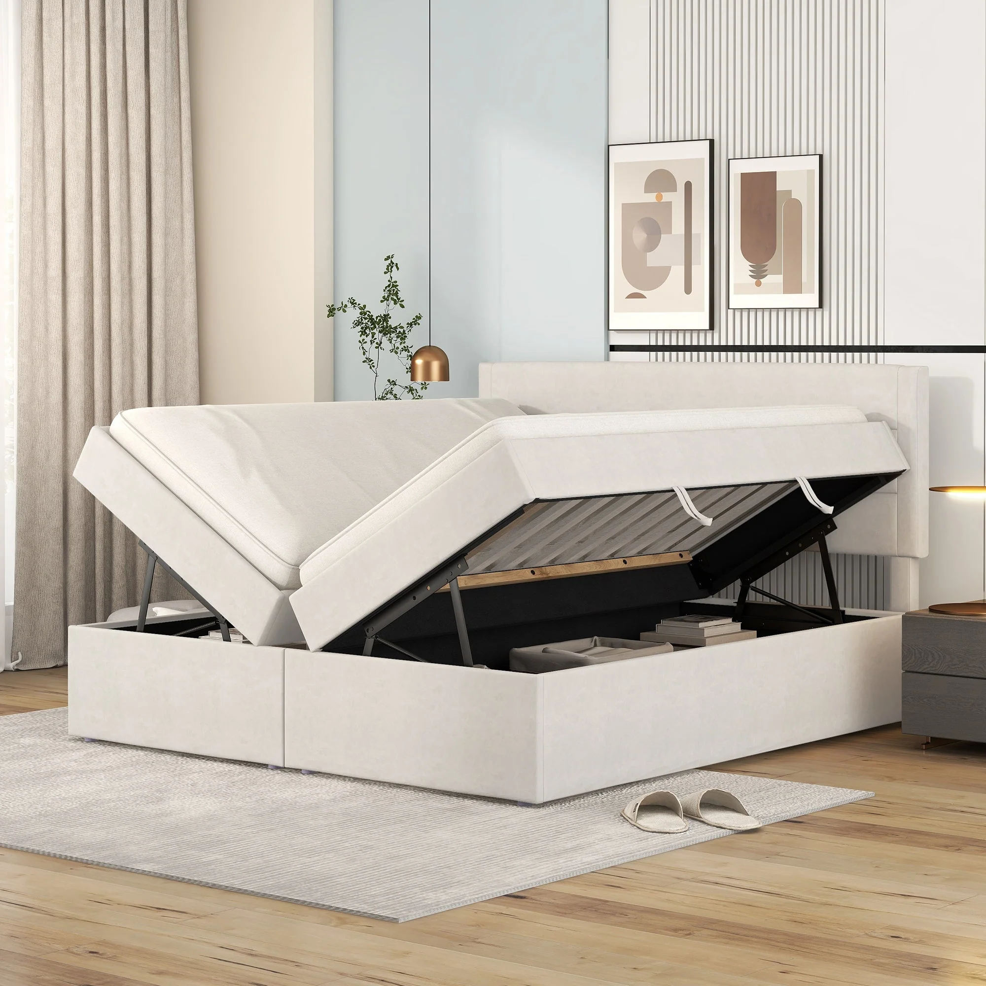 Upholstered Double Bed 200x140cm Large Dual Opening Storage - Beige - Image 7