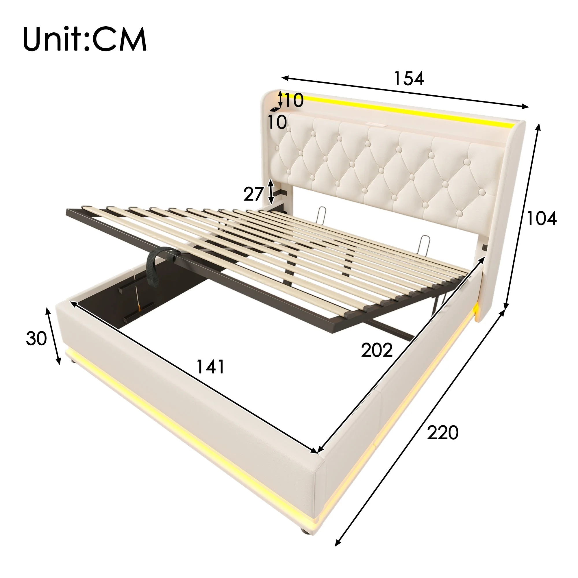 Upholstered Double Bed, 360° LED, Hydraulic Storage & USB-C Charging, White PU - Image 2