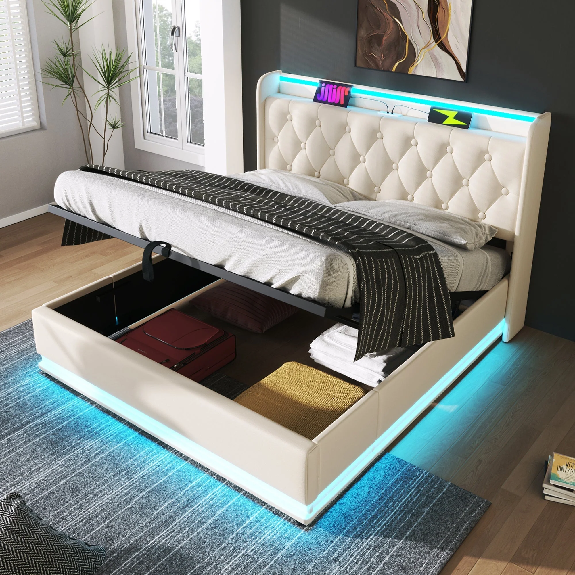 Upholstered Double Bed, 360° LED, Hydraulic Storage & USB-C Charging, White PU - Image 7