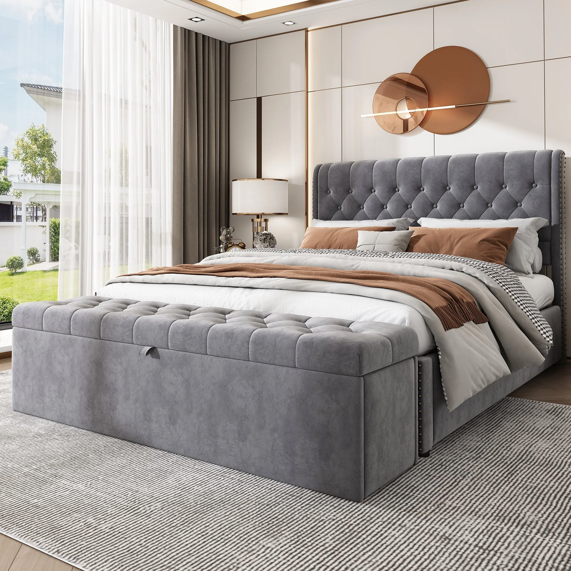 Upholstered Double Bed (4ft6) with Hydraulic Lever, Storage, and Upholstered Bench, Linen Grey
