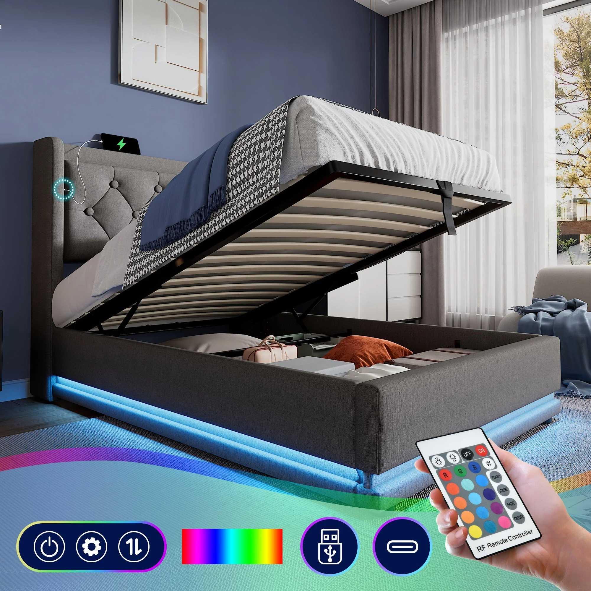 Upholstered Double Bed 90x200cm Hydraulic Storage USB-C LED Headboard, Grey Cotton - Image 2