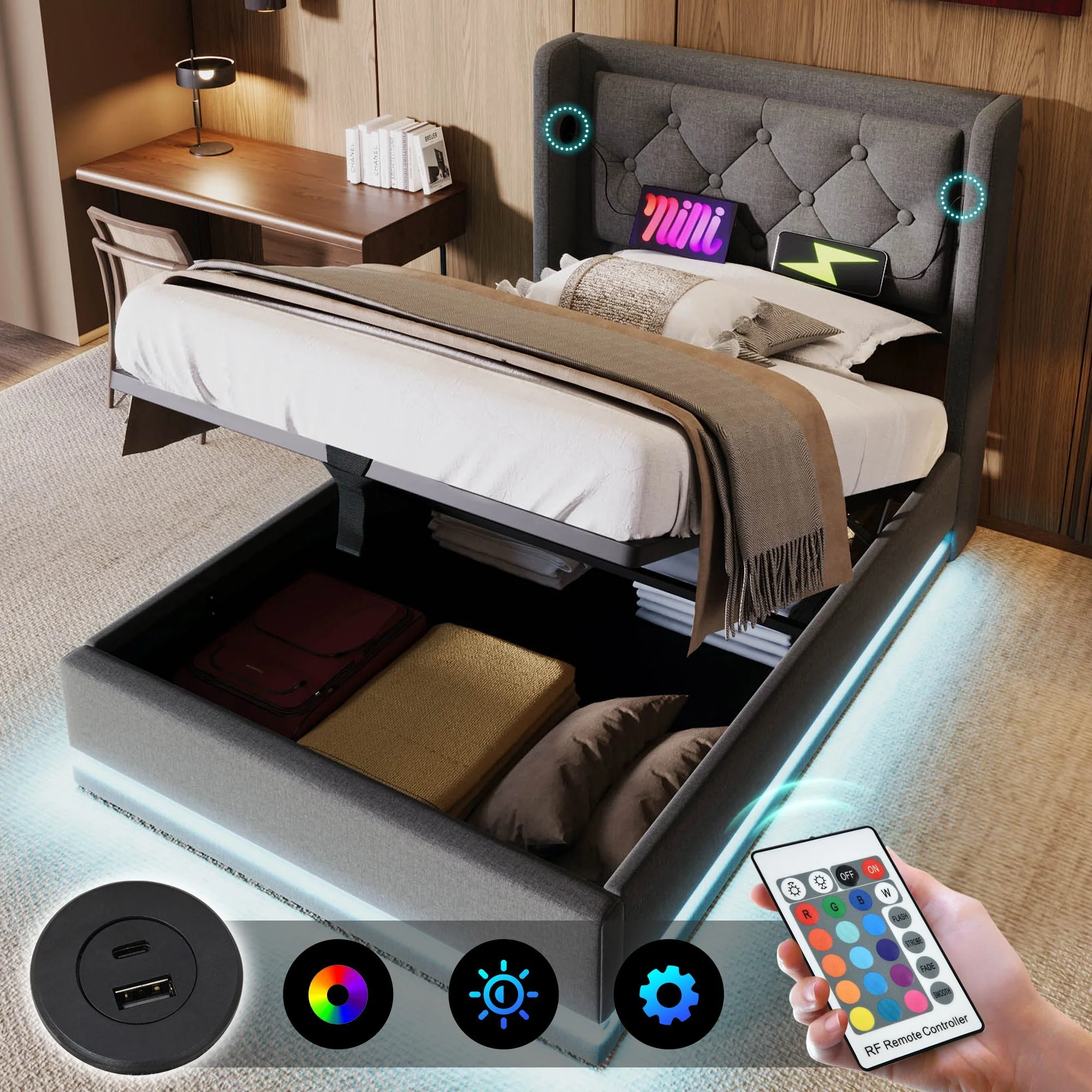 Upholstered Double Bed 90x200cm Hydraulic Storage USB-C LED Headboard, Grey Cotton - Image 3