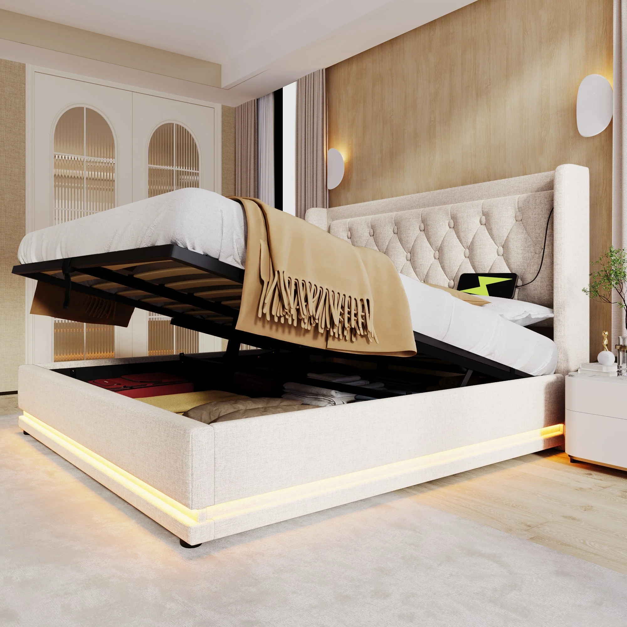 Upholstered Double Bed, Hydraulic Storage, LED, USB-C, Beige Cotton - Image 10