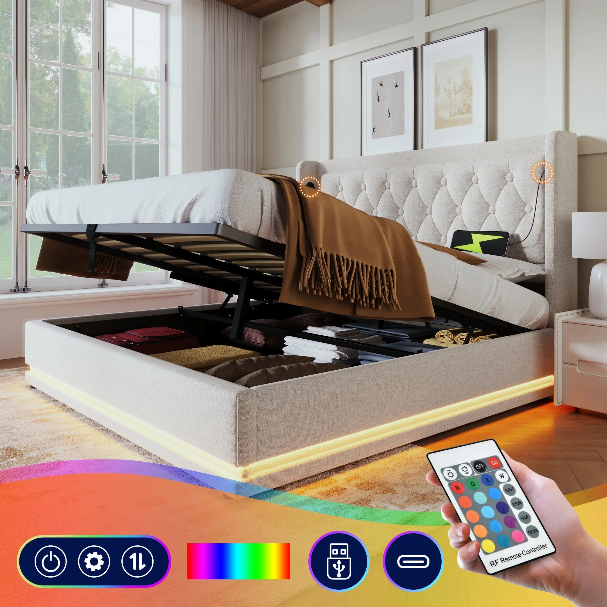 Upholstered Double Bed, Hydraulic Storage, LED, USB-C, Beige Cotton - Image 2