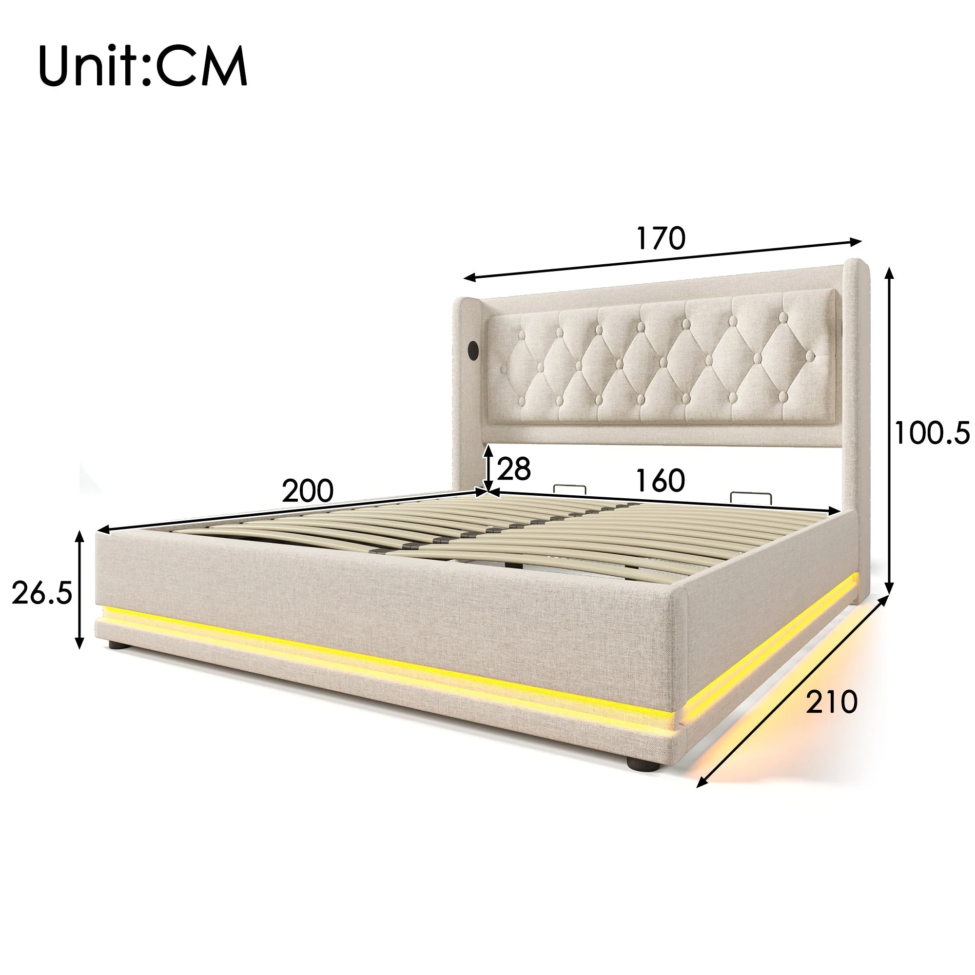 Upholstered Double Bed, Hydraulic Storage, LED, USB-C, Beige Cotton - Image 3