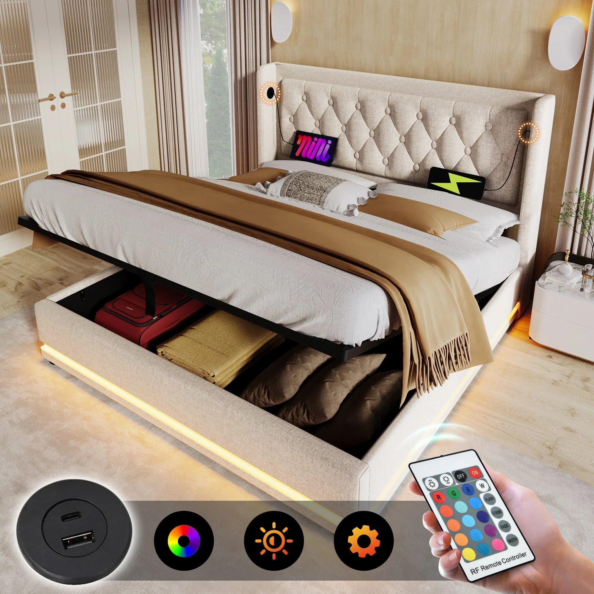 Upholstered Double Bed, Hydraulic Storage, LED, USB-C, Beige Cotton - Image 4