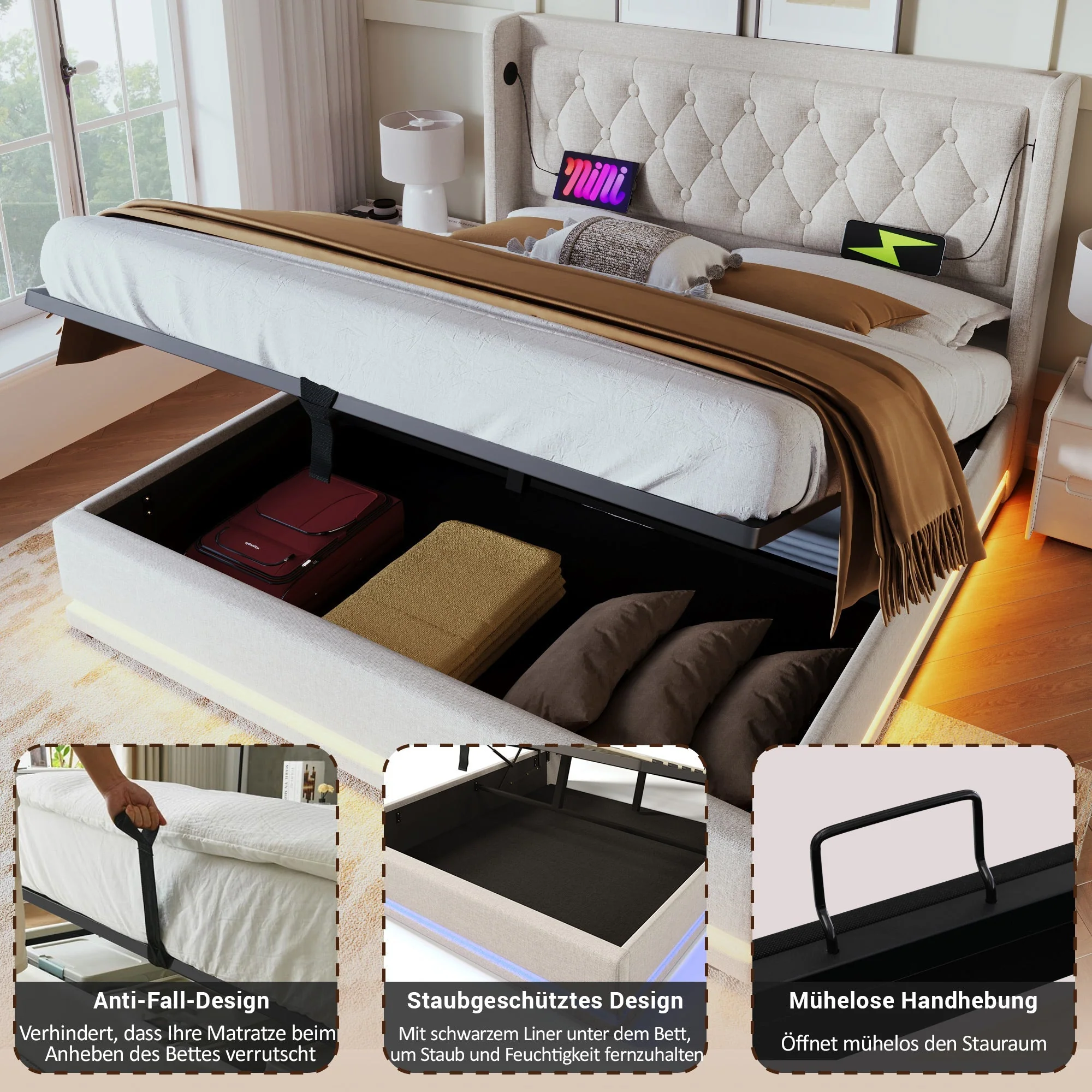 Upholstered Double Bed, Hydraulic Storage, LED, USB-C, Beige Cotton - Image 5