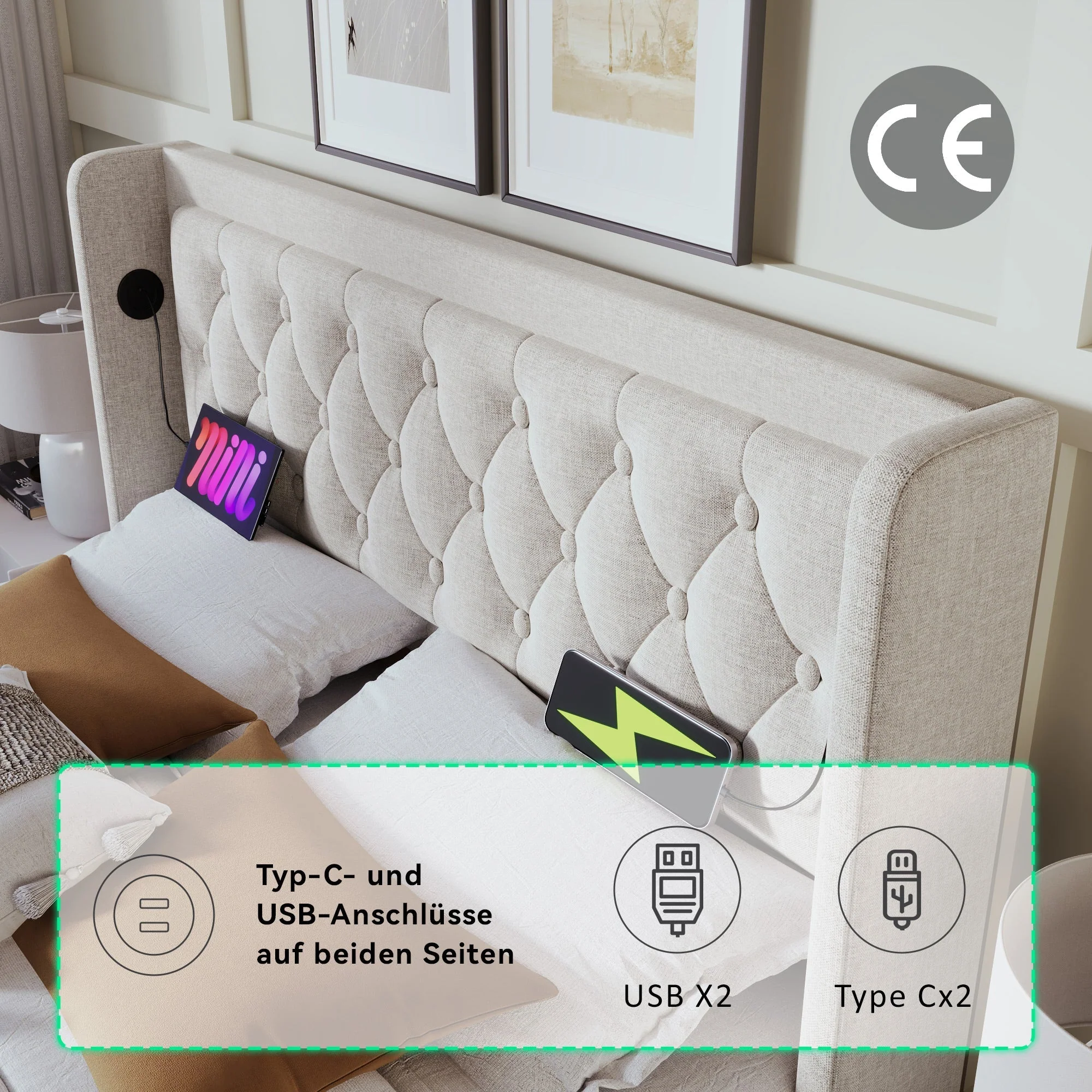 Upholstered Double Bed, Hydraulic Storage, LED, USB-C, Beige Cotton - Image 6