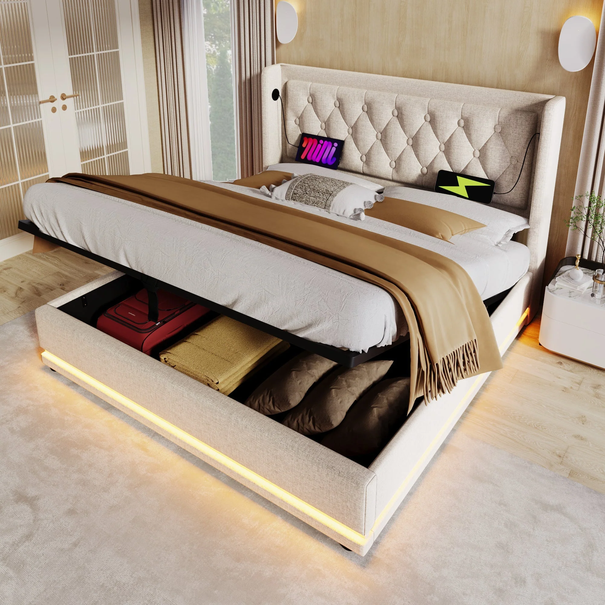 Upholstered Double Bed, Hydraulic Storage, LED, USB-C, Beige Cotton - Image 9