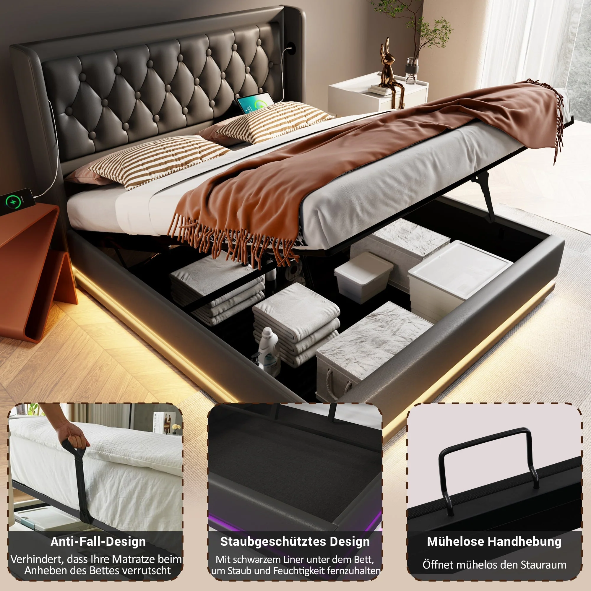 Upholstered Double Bed, Hydraulic Storage, USB-C Charging, LED, Black PU - Image 4