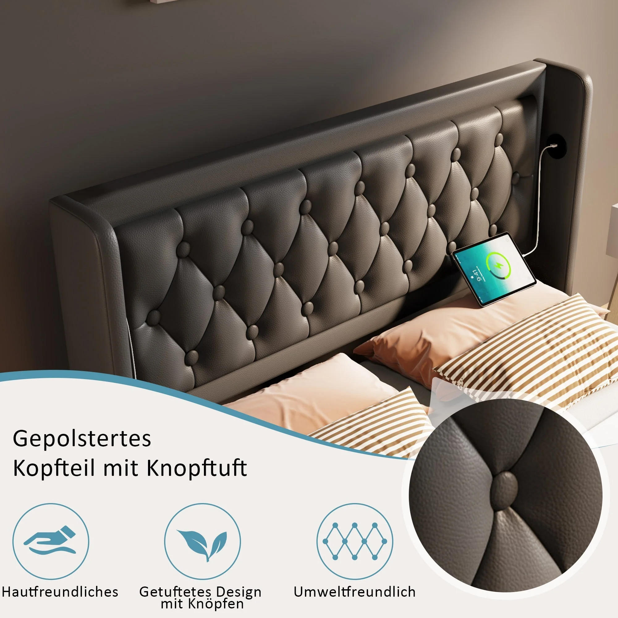 Upholstered Double Bed, Hydraulic Storage, USB-C Charging, LED, Black PU - Image 7