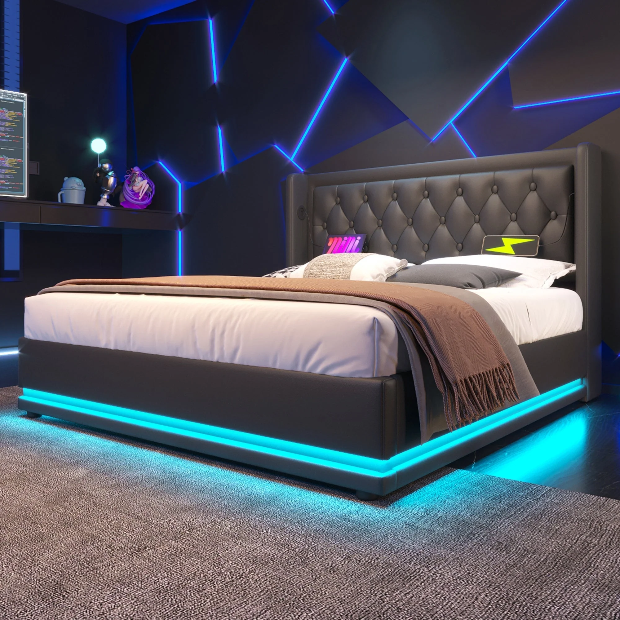 Upholstered Double Bed, Hydraulic Storage, USB-C Charging, LED, Black PU - Image 8