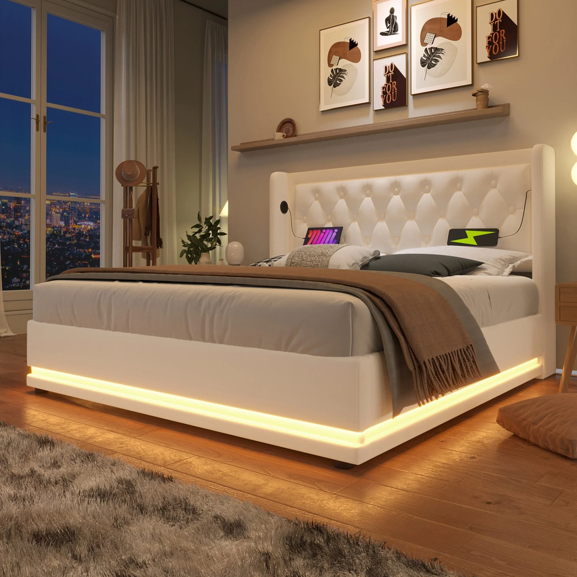 Upholstered Double Bed, Hydraulic Storage, USB-C, LED, White PU - Image 10
