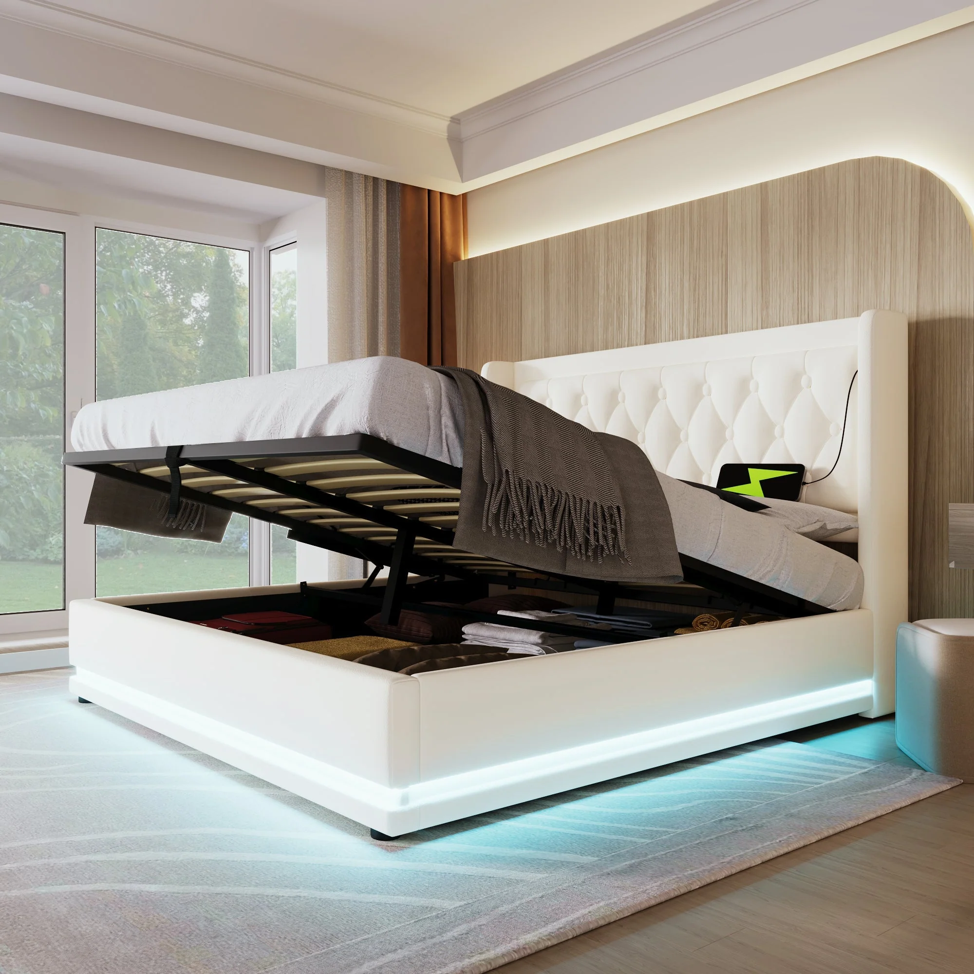 Upholstered Double Bed, Hydraulic Storage, USB-C, LED, White PU - Image 6