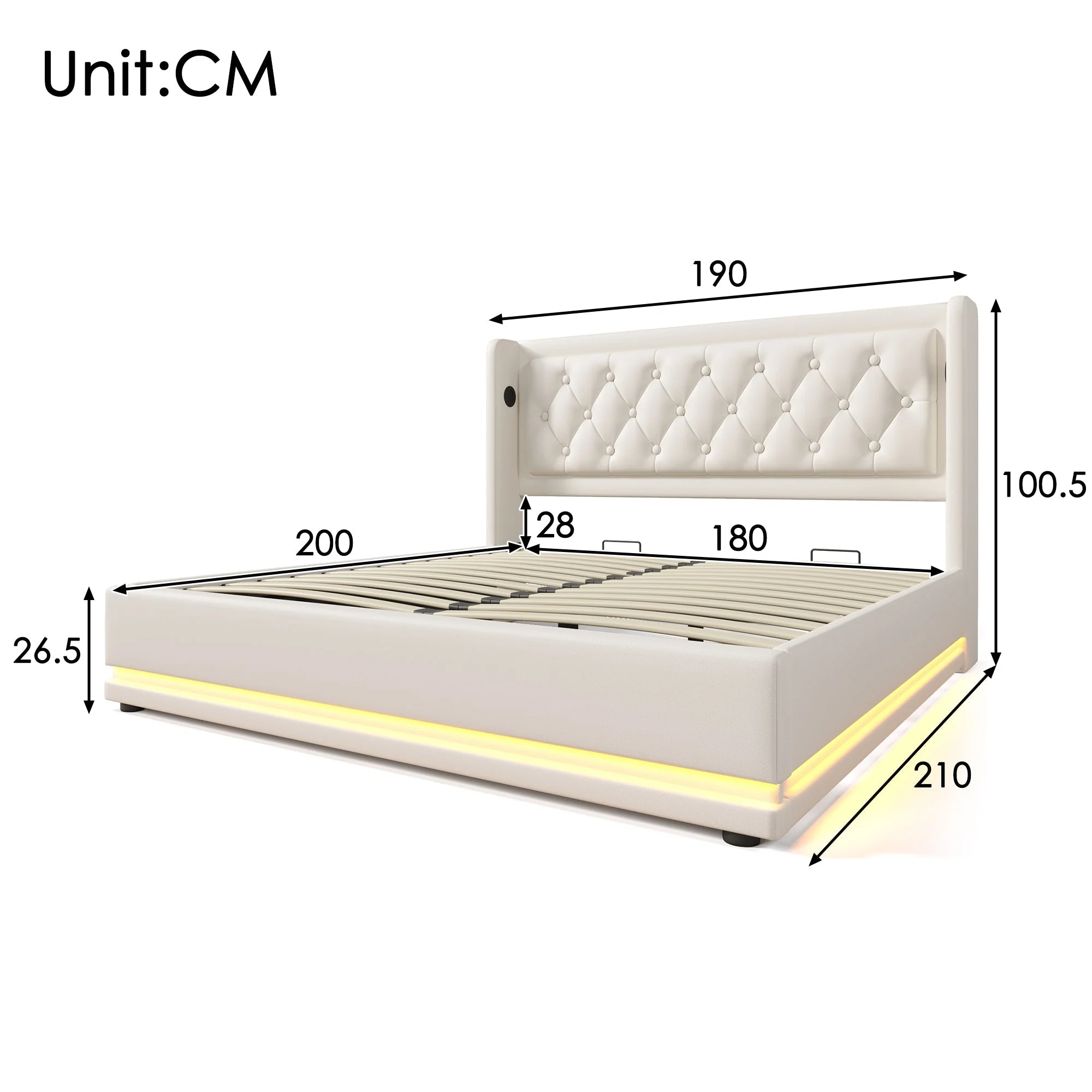 Upholstered Double Bed, Hydraulic Storage with USB & LED, White PU - Image 2