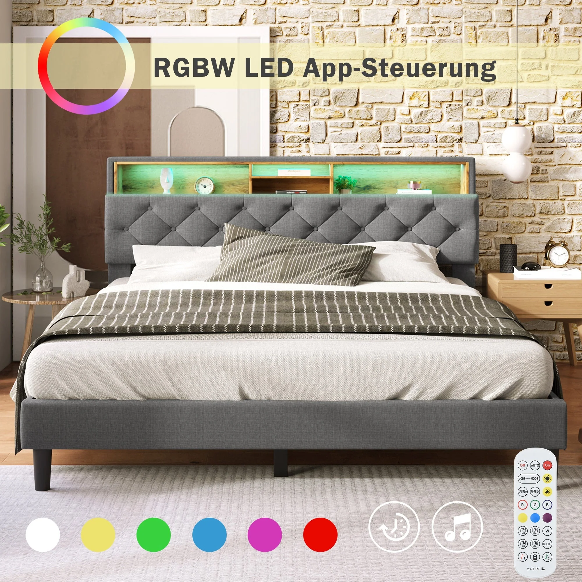 Upholstered Double Bed, Storage Headboard LED Lights 140x200cm, Wooden Frame Grey - Image 3