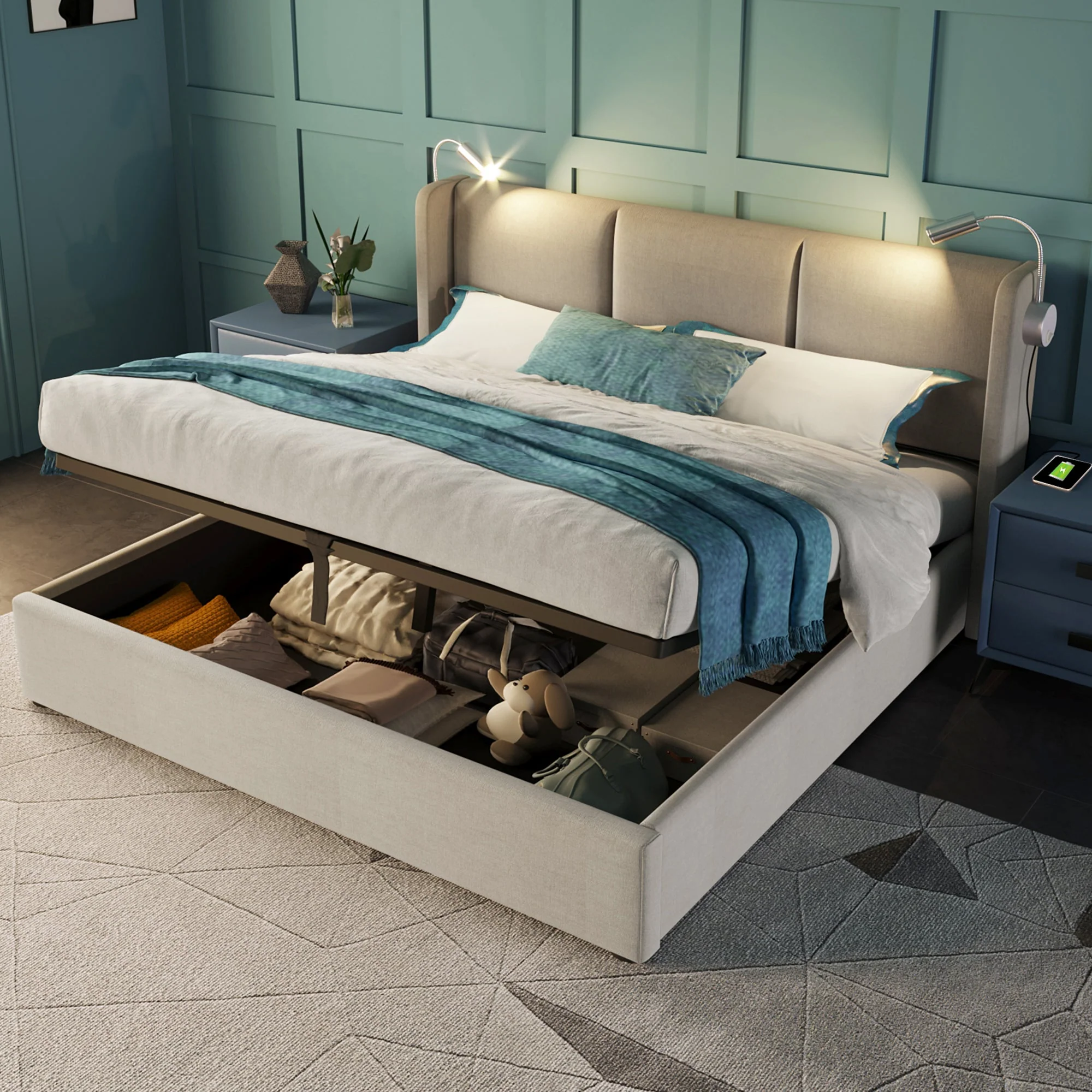Upholstered Double Bed Storage Reading Light Charging Headboard 160x200 PU - Image 5