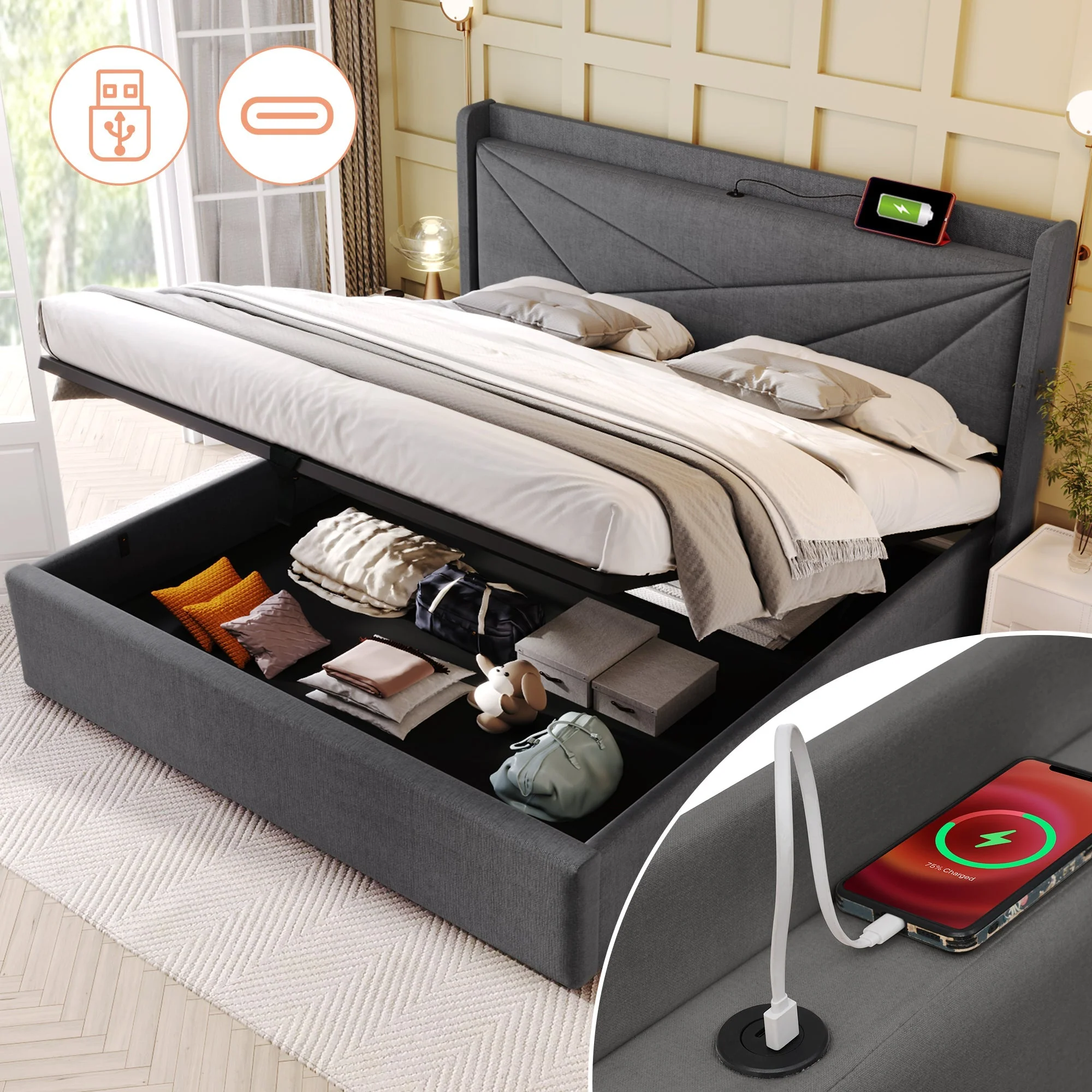 Upholstered Double Bed, Storage with USB-C Headboard, Linen - Image 4