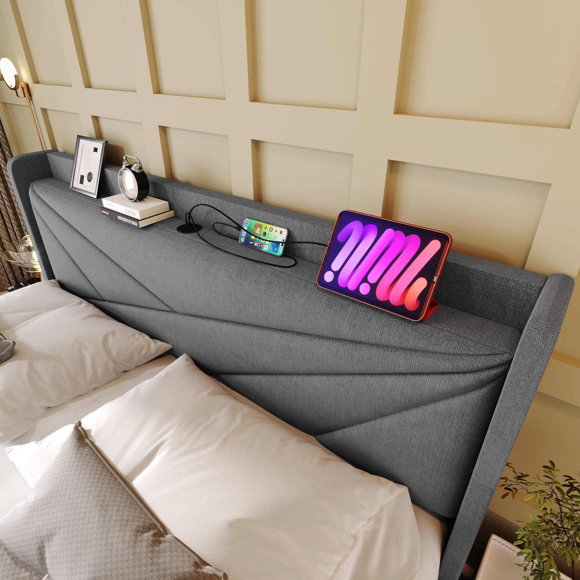 Upholstered Double Bed, Storage with USB-C Headboard, Linen - Image 8