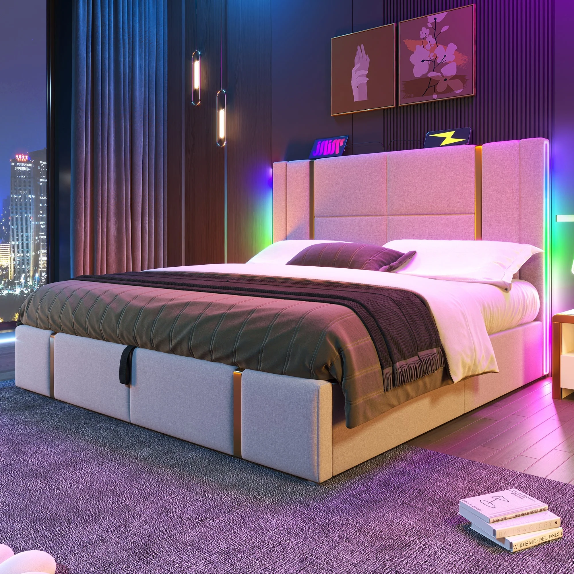 Upholstered Double Bed, USB C, APP Control, LED, Storage, Beige Linen - Image 13