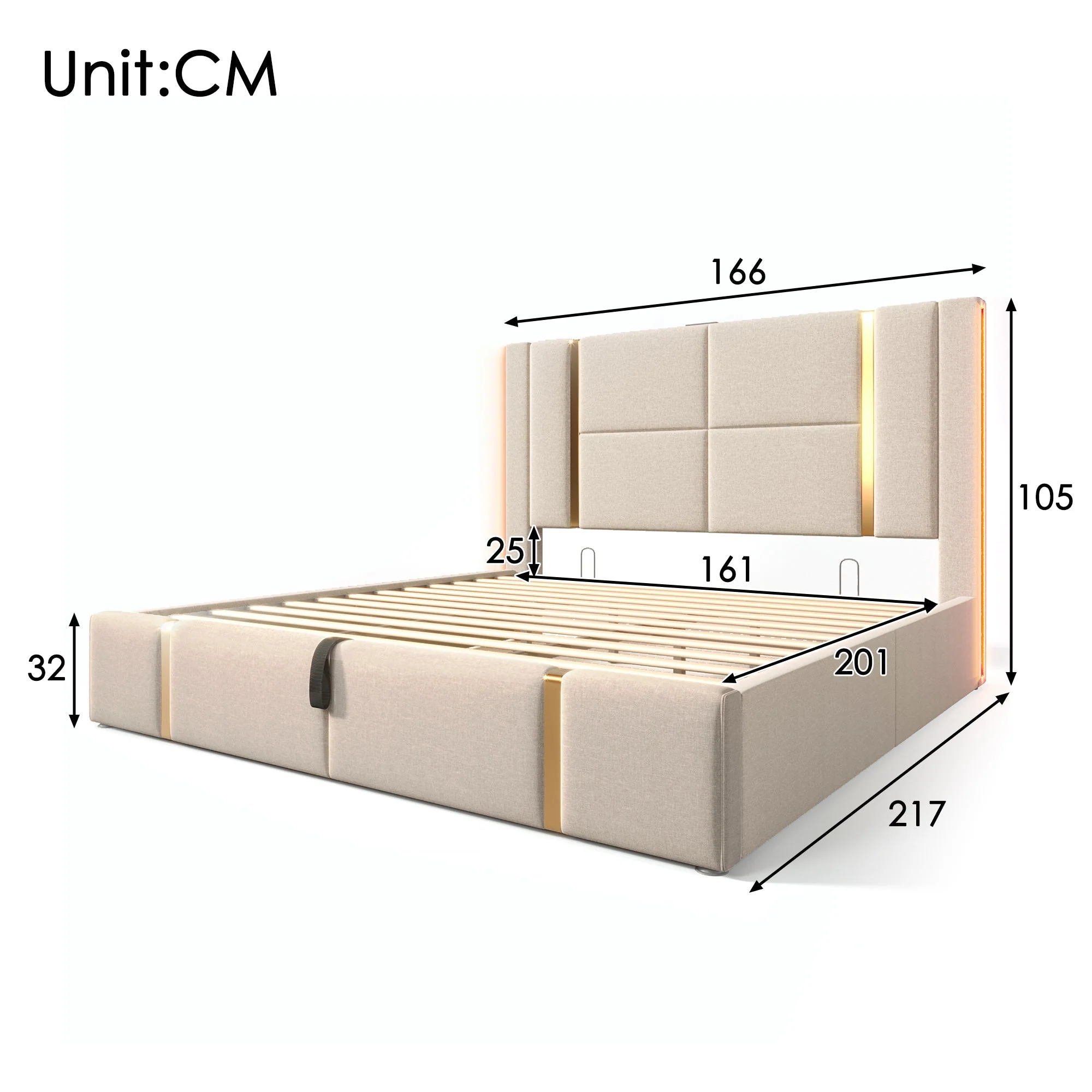 Upholstered Double Bed, USB C, APP Control, LED, Storage, Beige Linen - Image 14