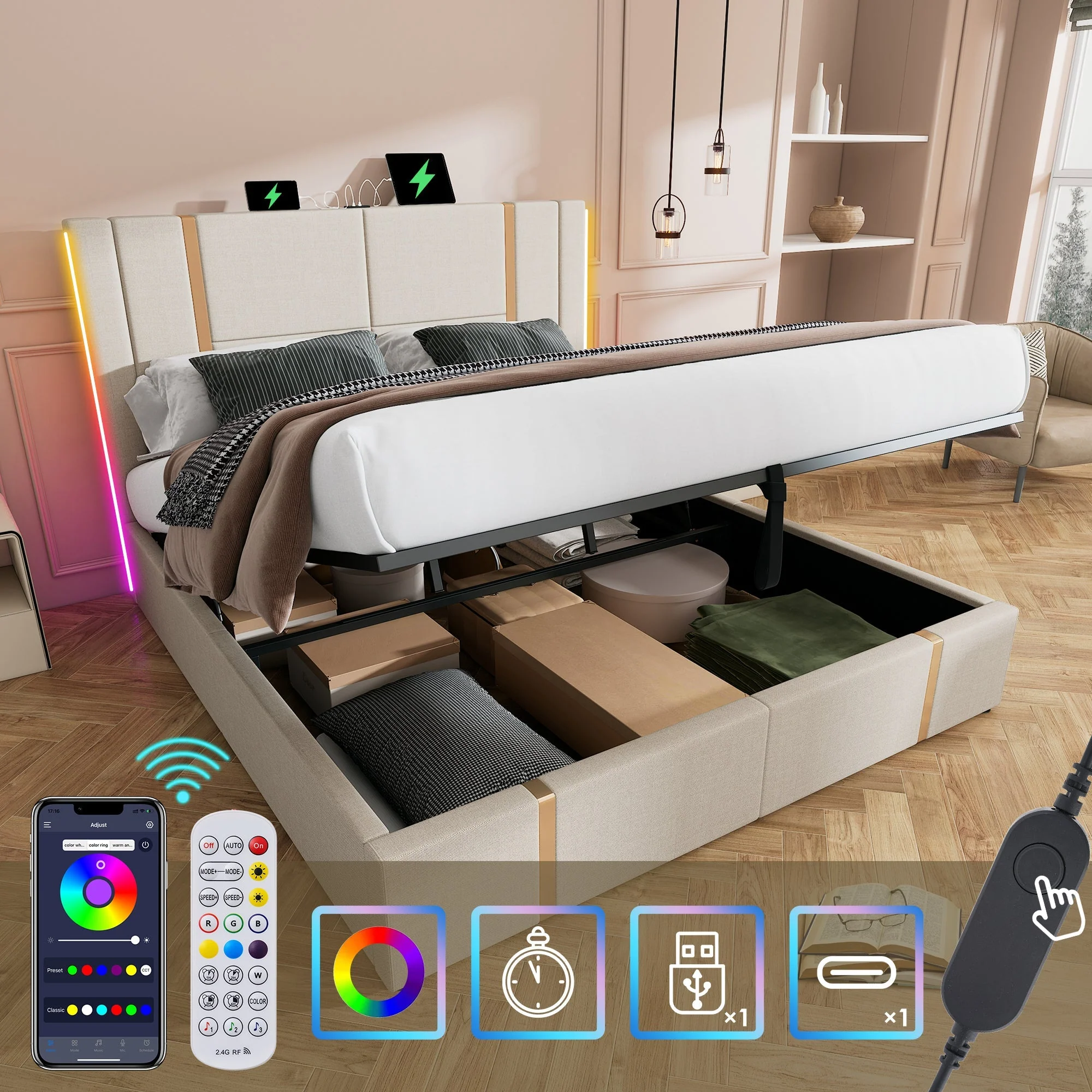 Upholstered Double Bed, USB C, APP Control, LED, Storage, Beige Linen - Image 4