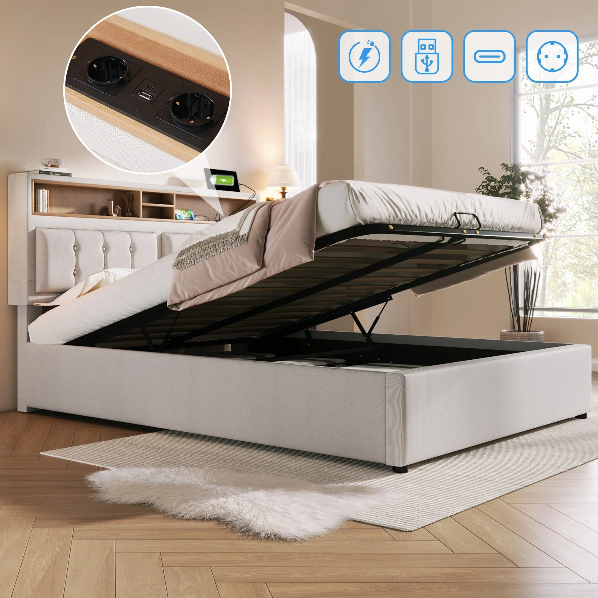 Upholstered Double Bed, USB-C Charging Headboard Storage 140x200, Linen Material - Image 2