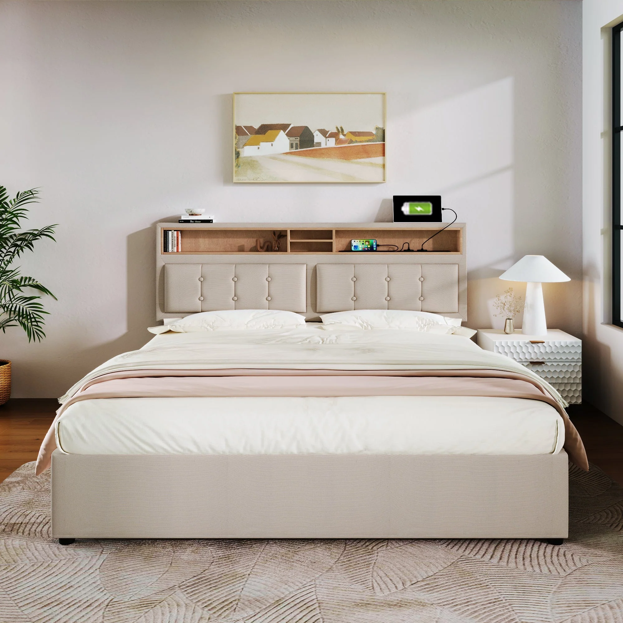 Upholstered Double Bed, USB-C Charging Headboard Storage 140x200, Linen Material - Image 3