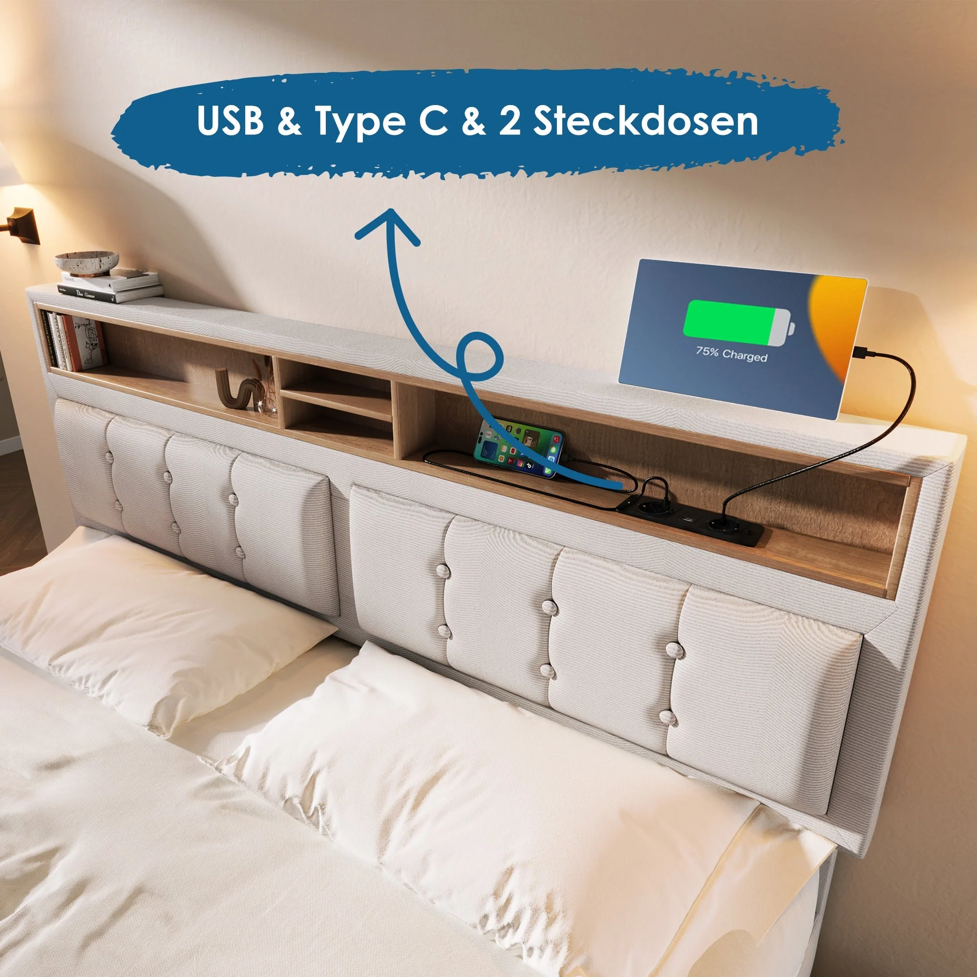 Upholstered Double Bed, USB-C Charging Headboard Storage 140x200, Linen Material - Image 4