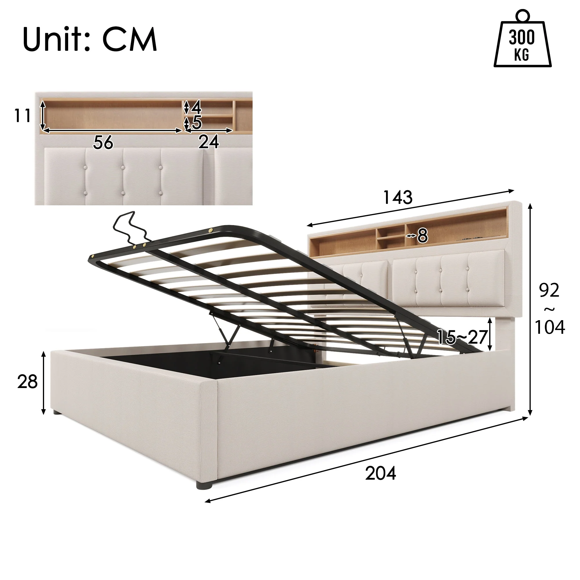Upholstered Double Bed, USB-C Charging Headboard Storage 140x200, Linen Material - Image 8
