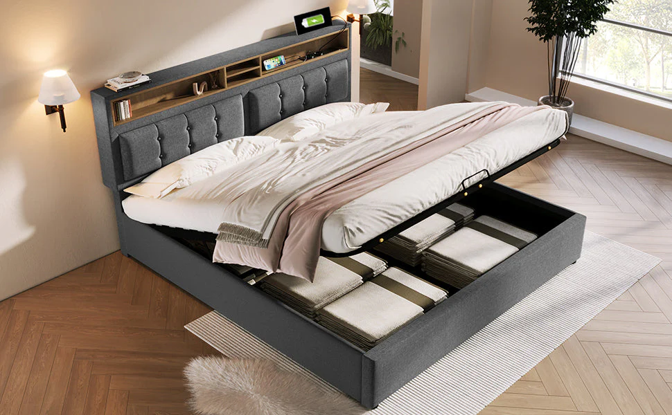 Upholstered Double Bed, USB C Headboard Storage, Linen - Image 10
