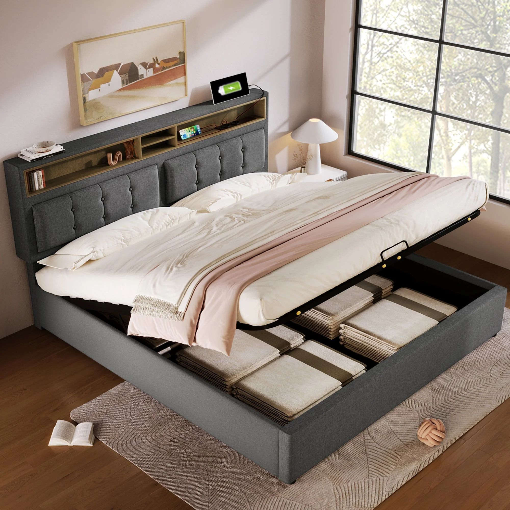 Upholstered Double Bed, USB C Headboard Storage, Linen - Image 4