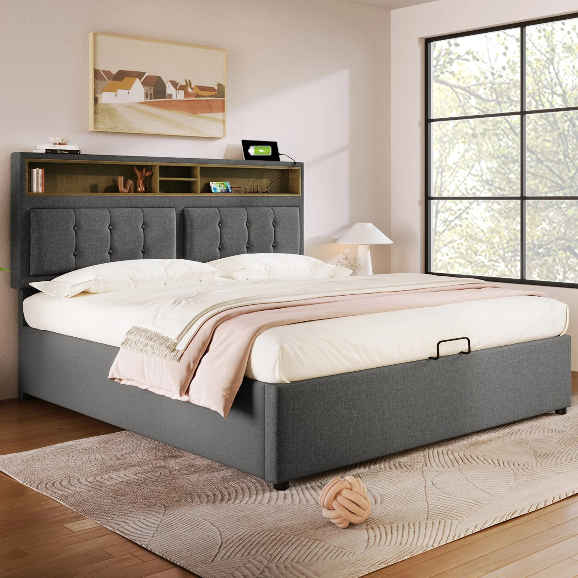 Upholstered Double Bed, USB C Headboard Storage, Linen - Image 9