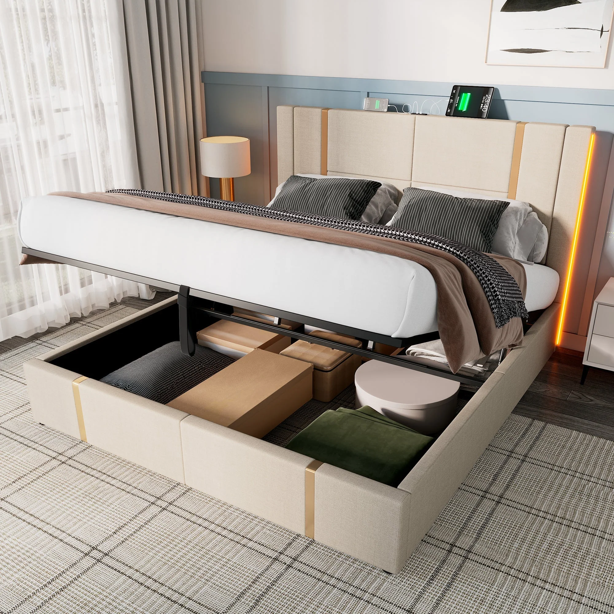 Upholstered Double Bed, USB C LED Storage Frame, Beige Linen - Image 7