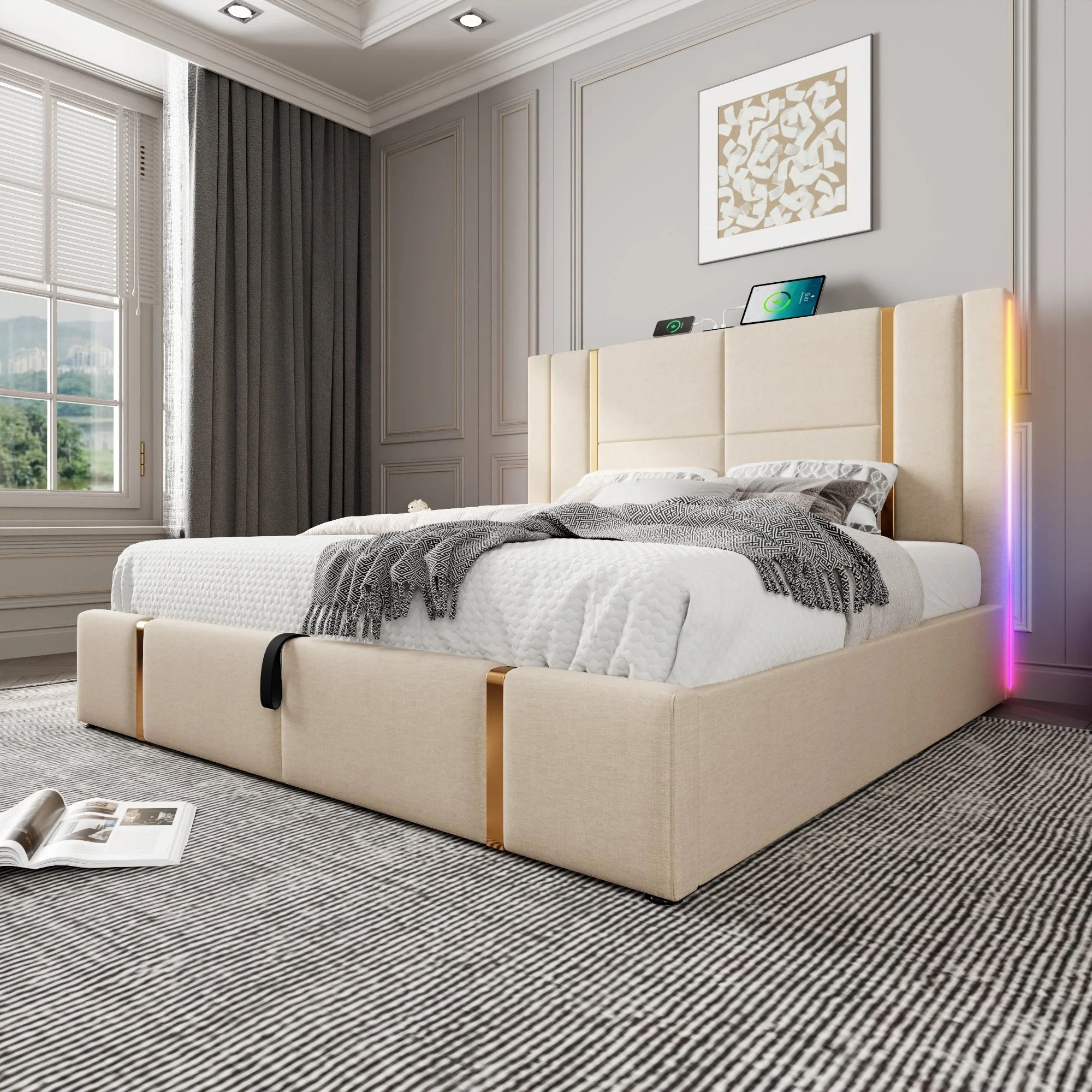 Upholstered Double Bed, USB C LED Storage Frame, Beige Linen - Image 9