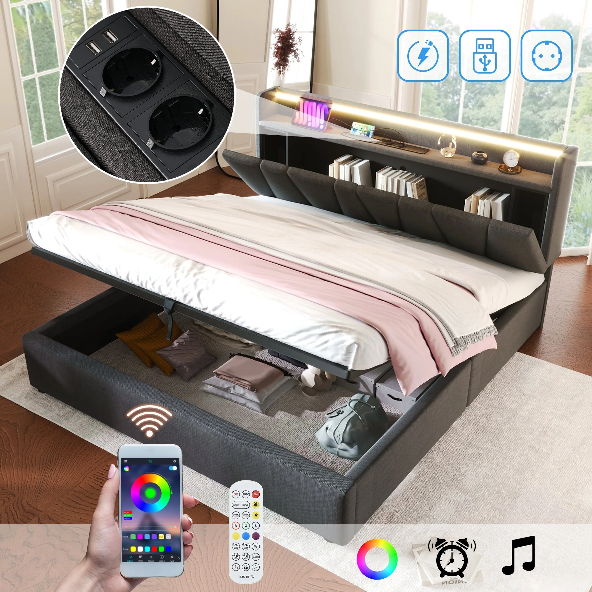 Upholstered Double Bed, USB Charging & LED Storage Headboard, 140x200cm, Gray - Image 9