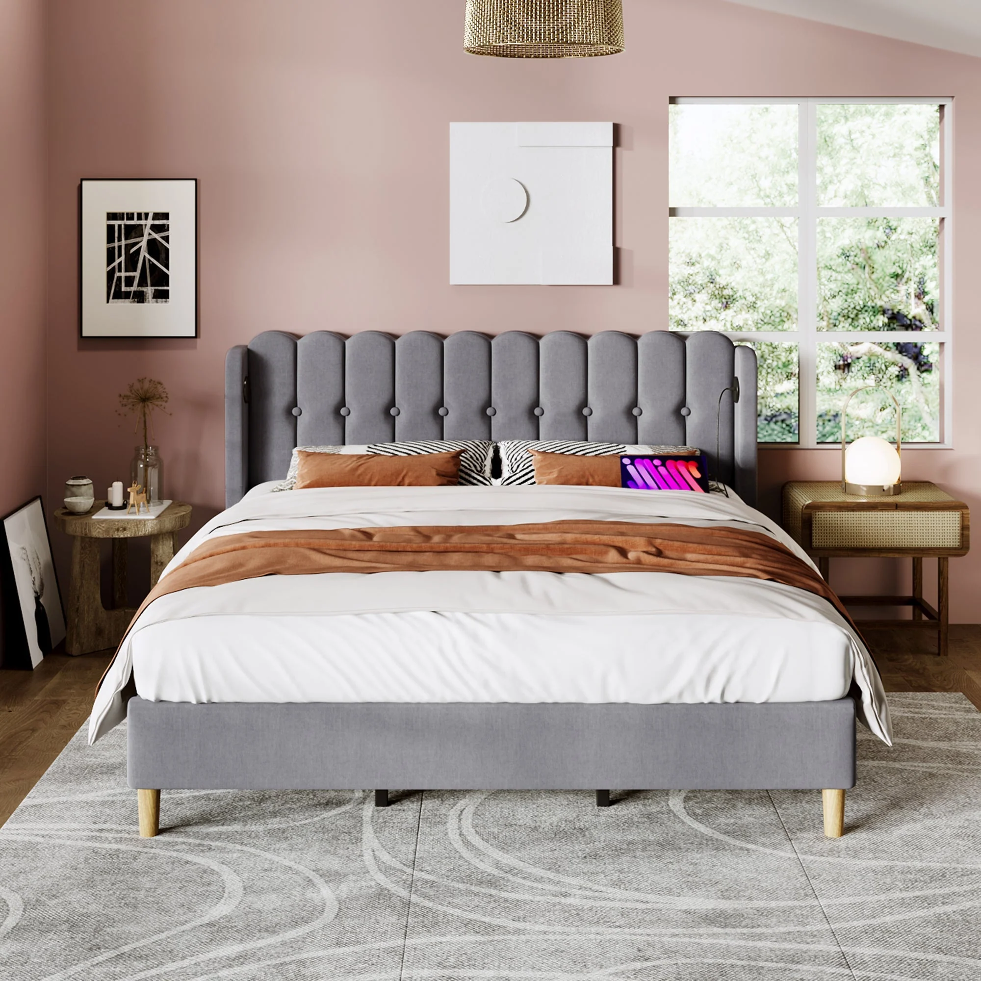 Upholstered Double Bed, USB Type C Charging, Slatted Frame, 180 x 200 cm, Gray Linen - Image 6
