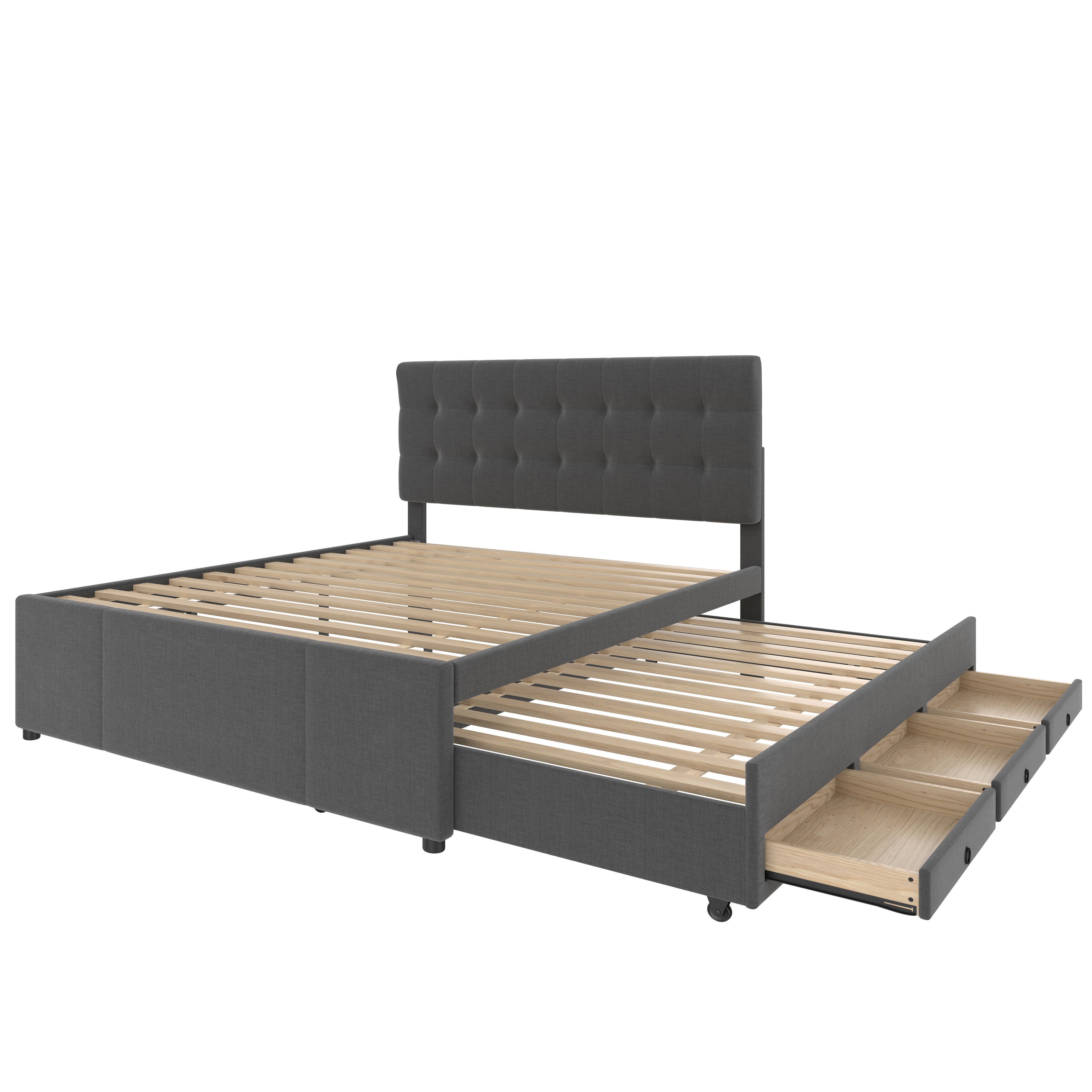 Upholstered Double Bed with 3 Drawers and Extendable Bed, 140x200cm, Grey - Image 10