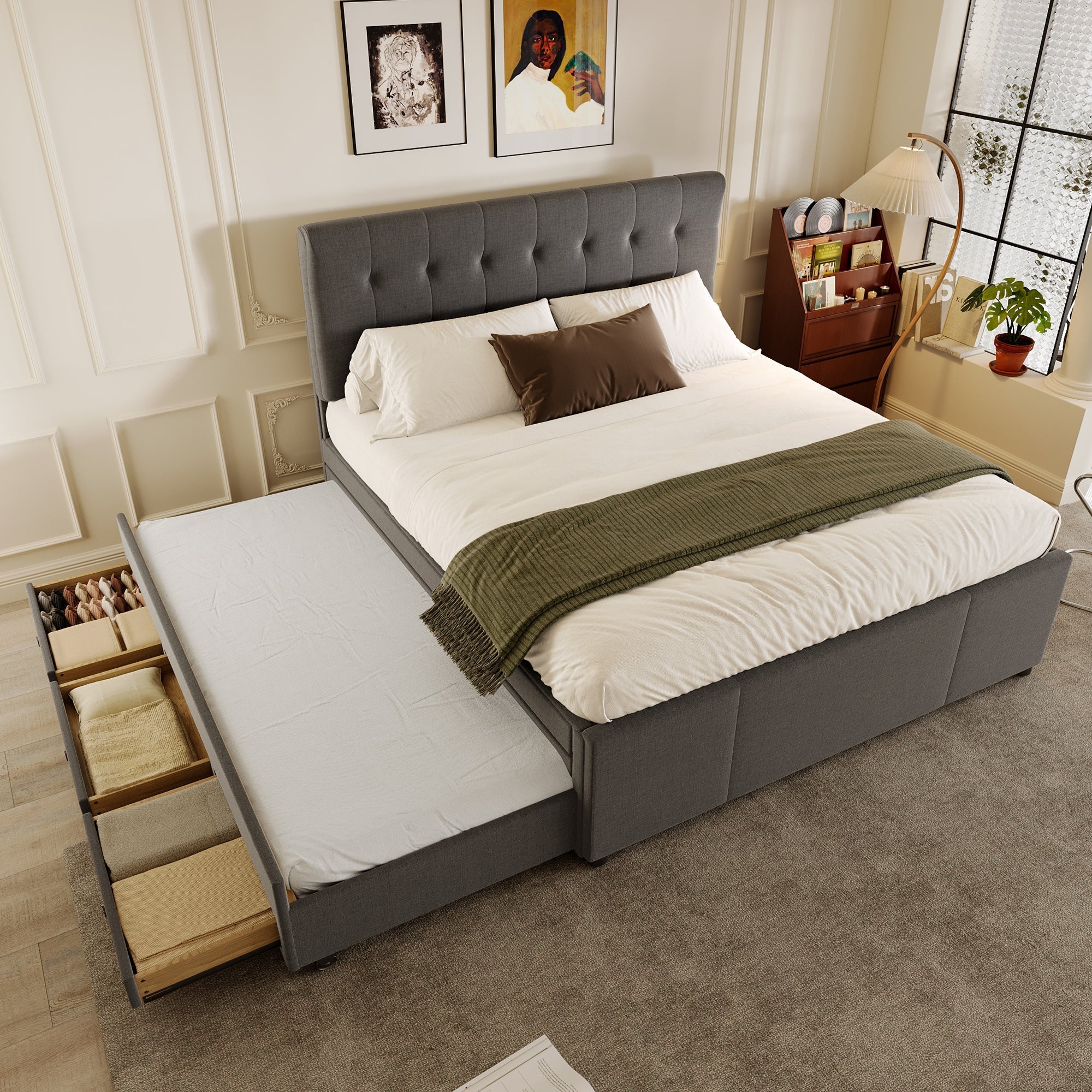 Upholstered Double Bed with 3 Drawers and Extendable Bed, 140x200cm, Grey - Image 2