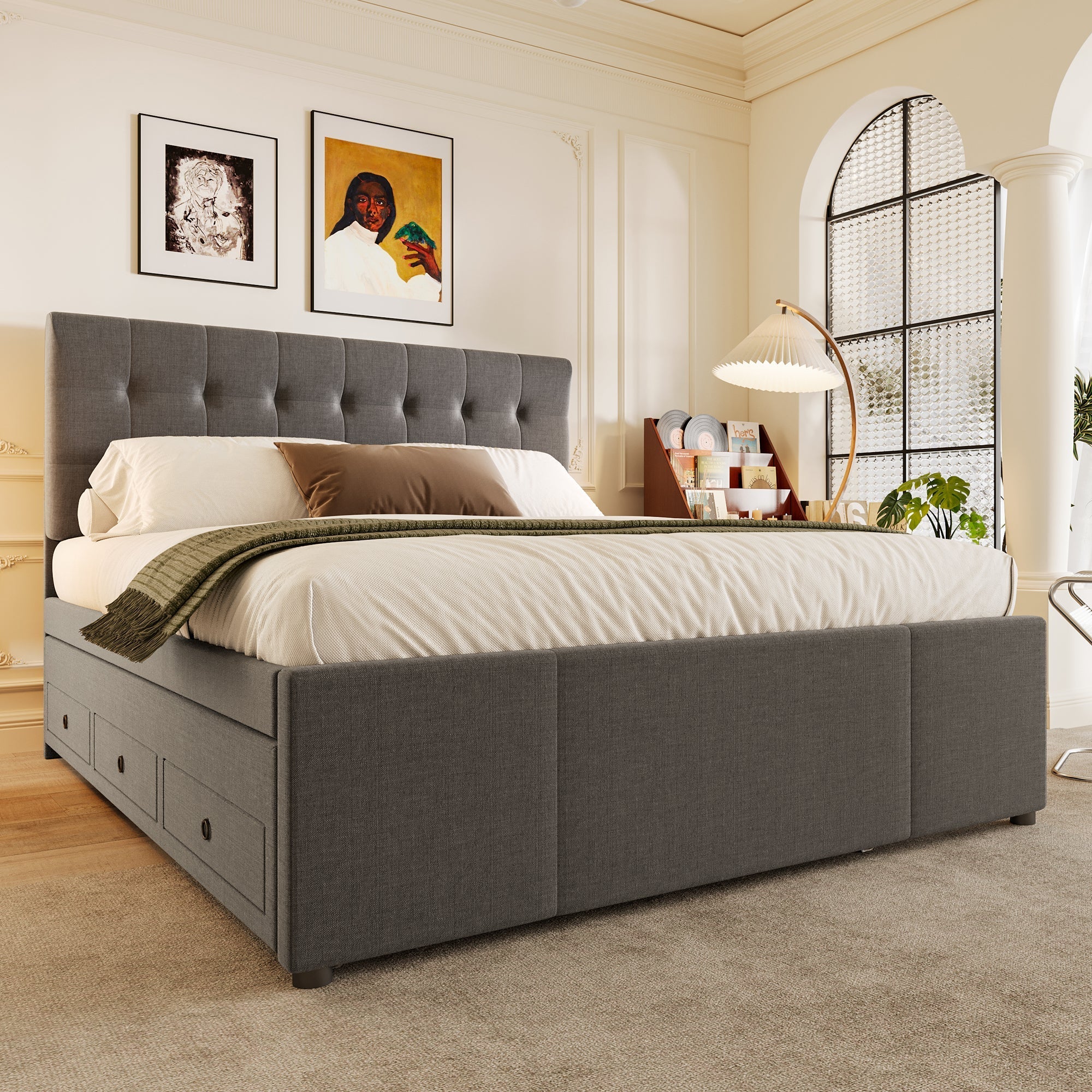 Upholstered Double Bed with 3 Drawers and Extendable Bed, 140x200cm, Grey - Image 3