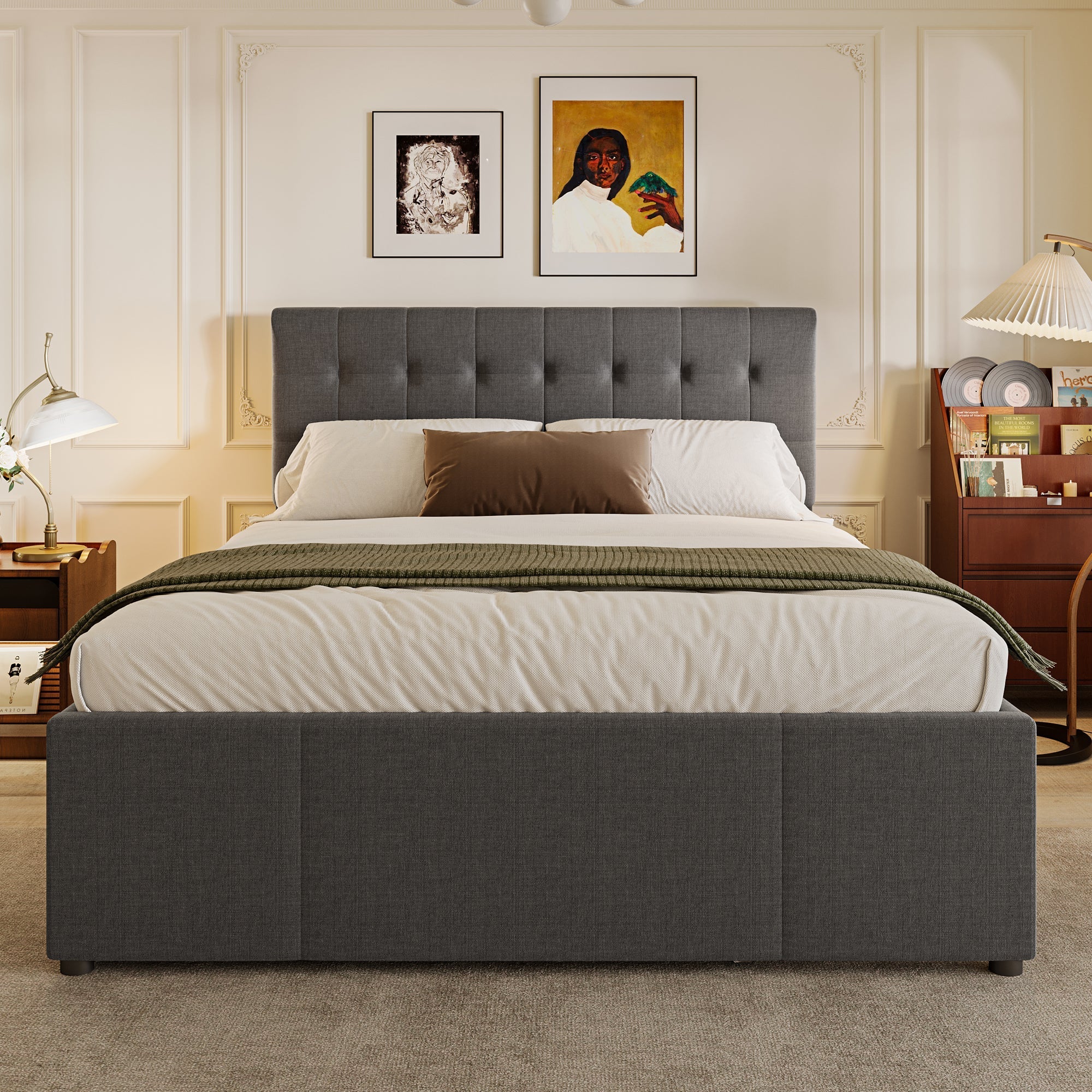 Upholstered Double Bed with 3 Drawers and Extendable Bed, 140x200cm, Grey - Image 4