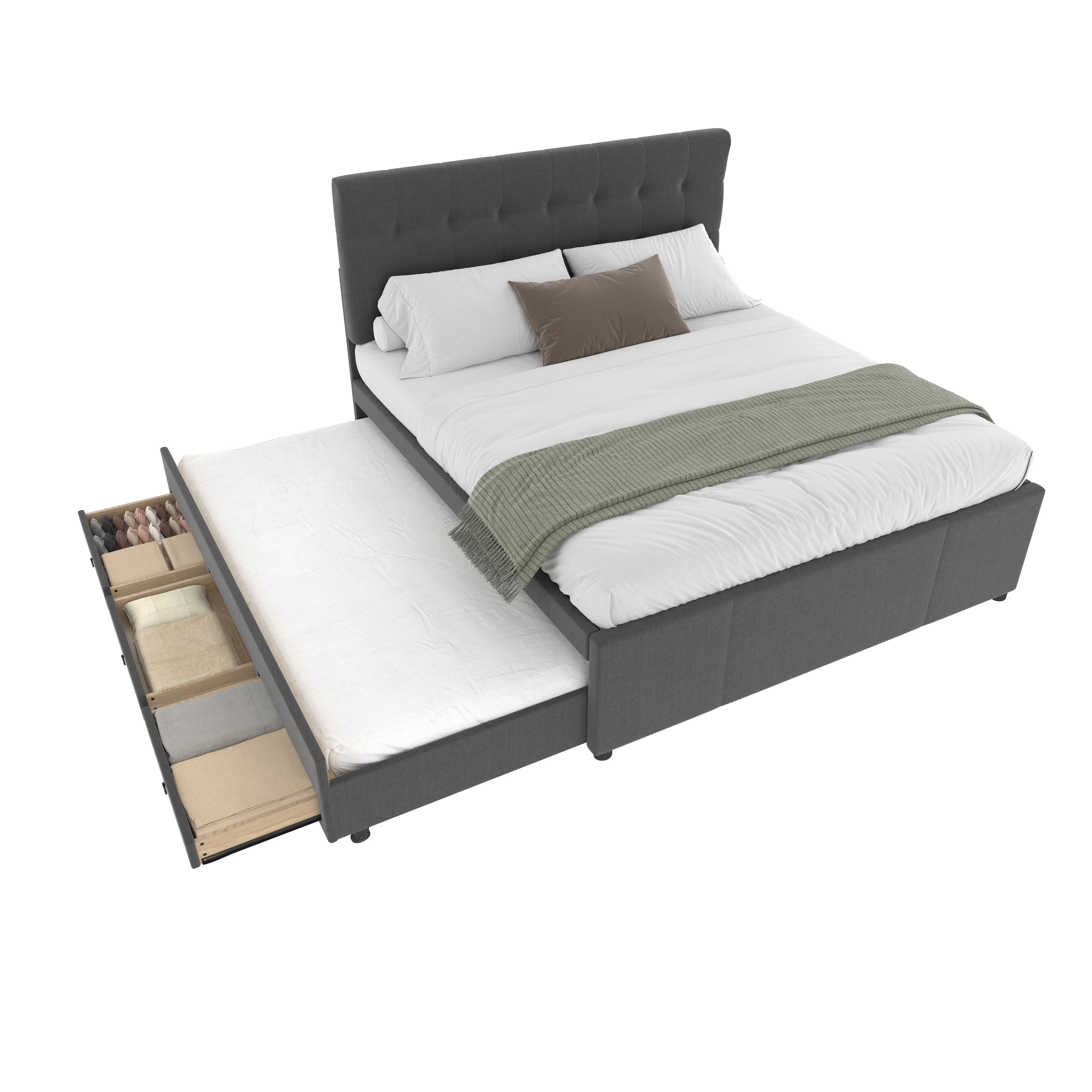 Upholstered Double Bed with 3 Drawers and Extendable Bed, 140x200cm, Grey - Image 5