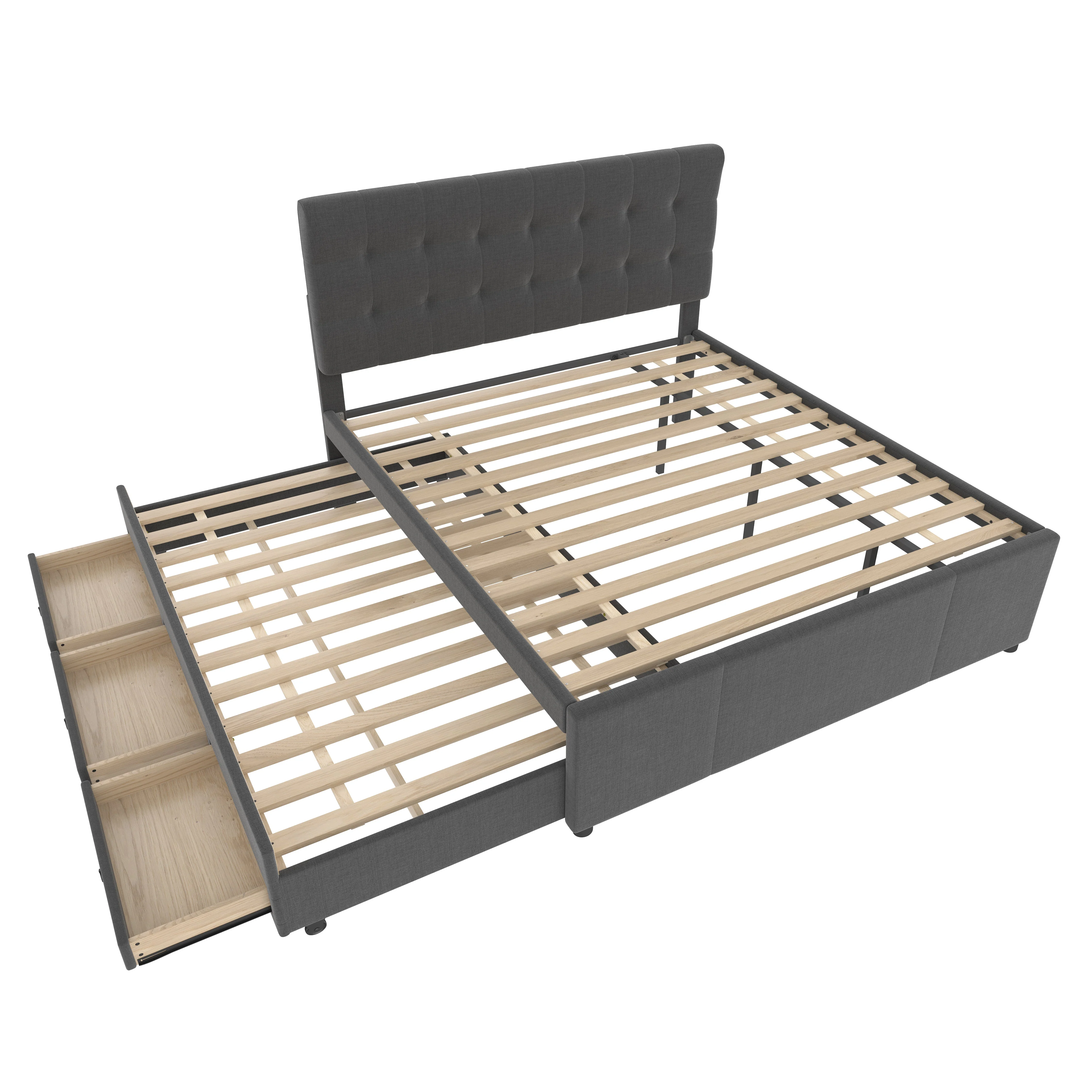 Upholstered Double Bed with 3 Drawers and Extendable Bed, 140x200cm, Grey - Image 9